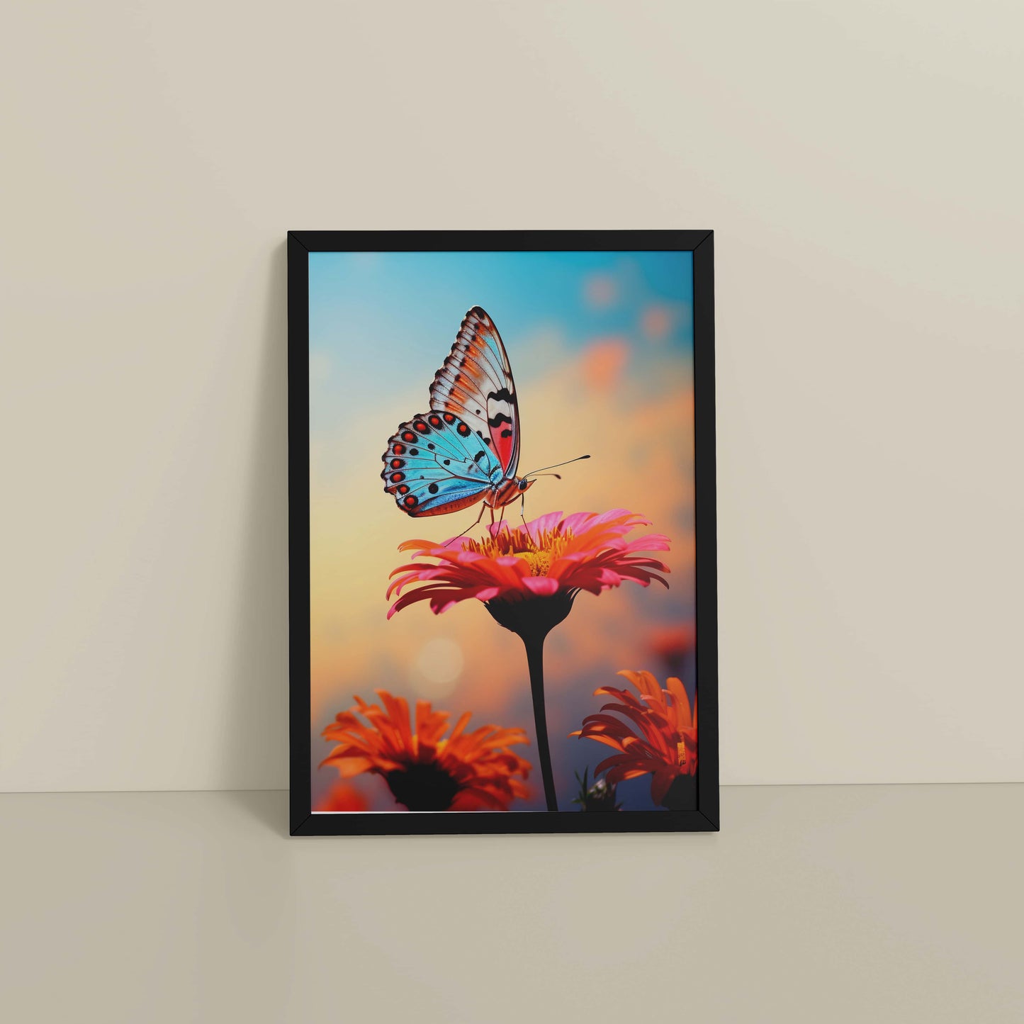 Floor View of Blossom Grace – Butterfly on Pink Flower in Wall Art in Black Color Frame