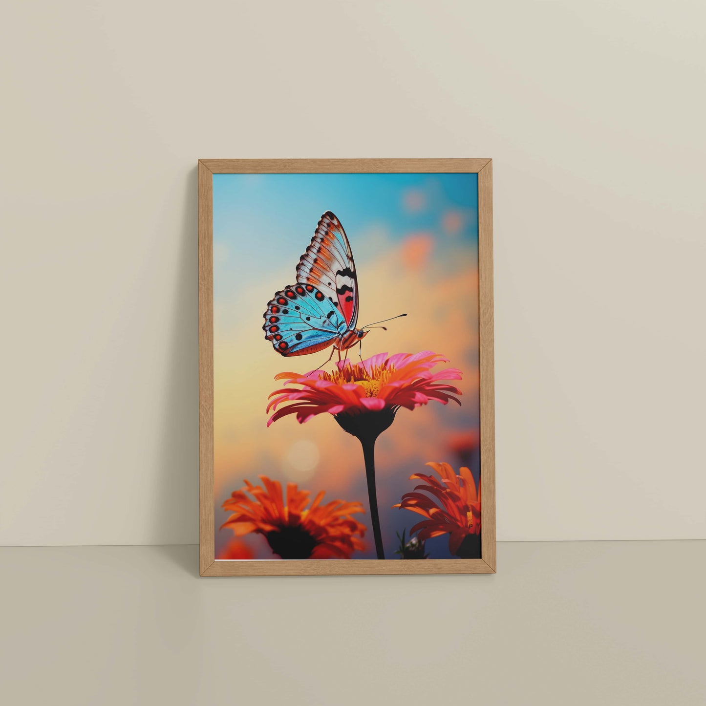 Floor View of Blossom Grace – Butterfly on Pink Flower in Wall Art in Natrual Color Frame