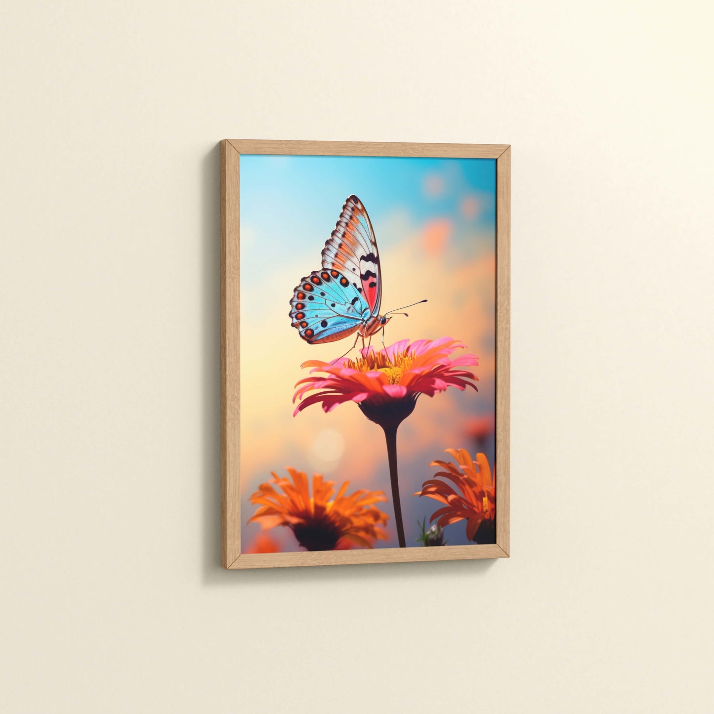Side View of Blossom Grace – Butterfly on Pink Flower in Wall Art in Natrual Color Frame