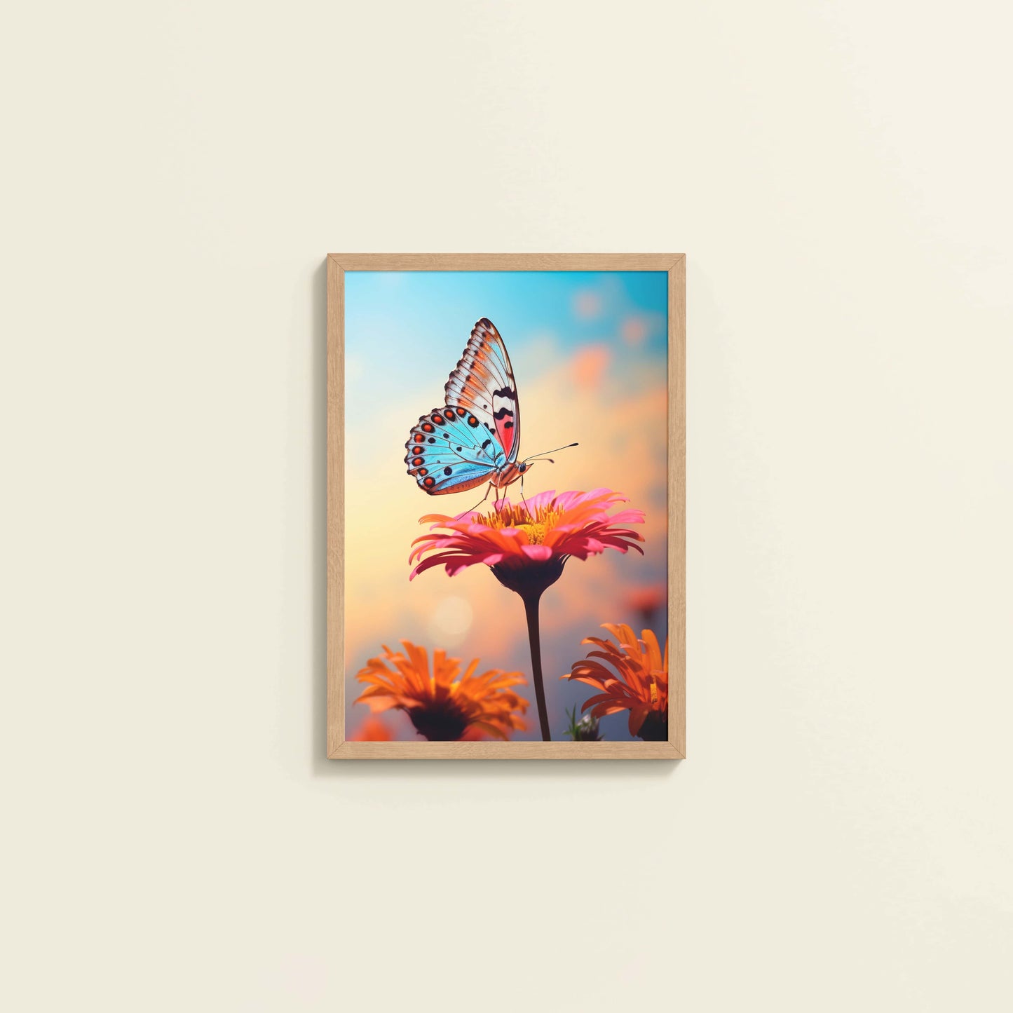 Wall View of Blossom Grace – Butterfly on Pink Flower in Wall Art in Natrual Color Frame