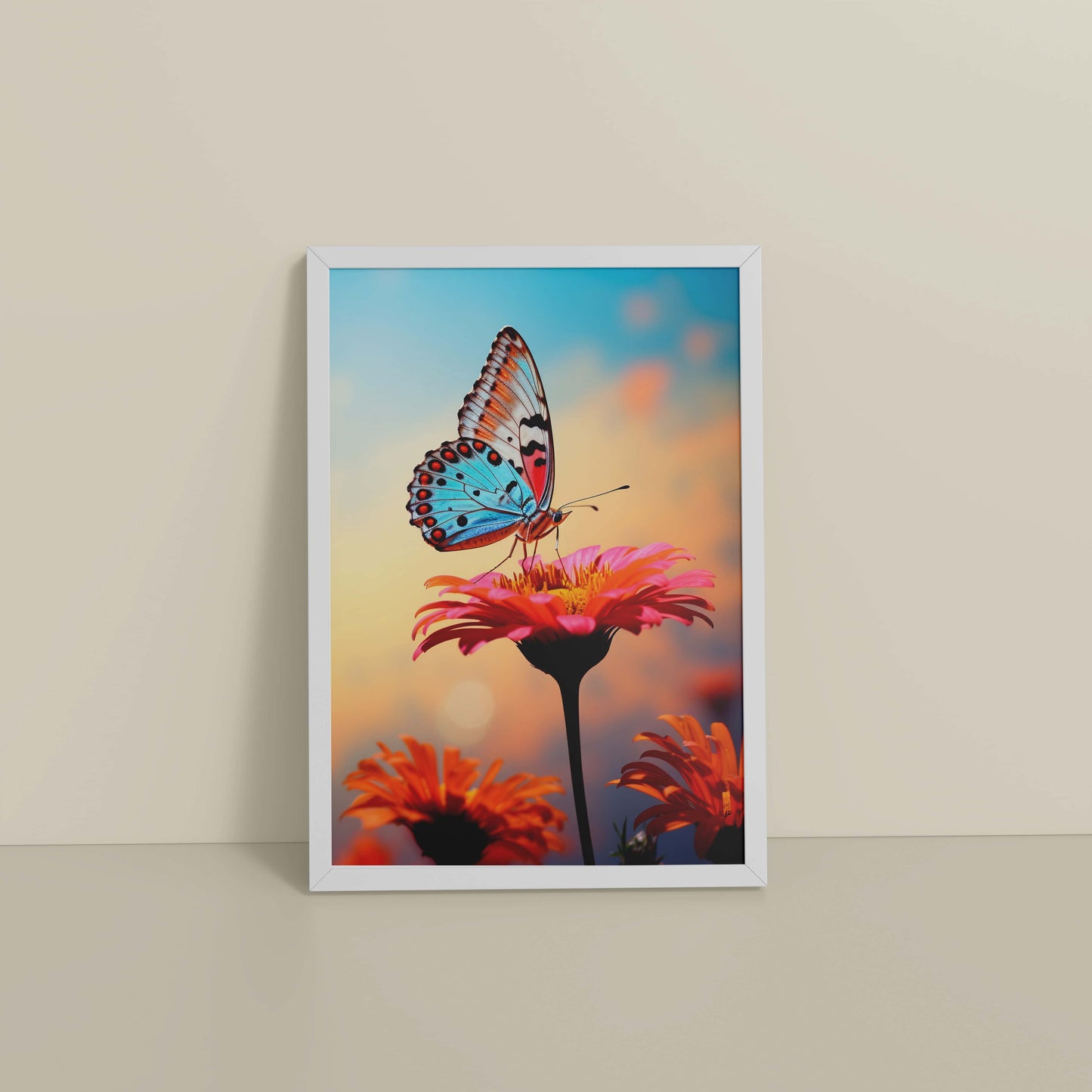 Floor View of Blossom Grace – Butterfly on Pink Flower in Wall Art in White Color Frame