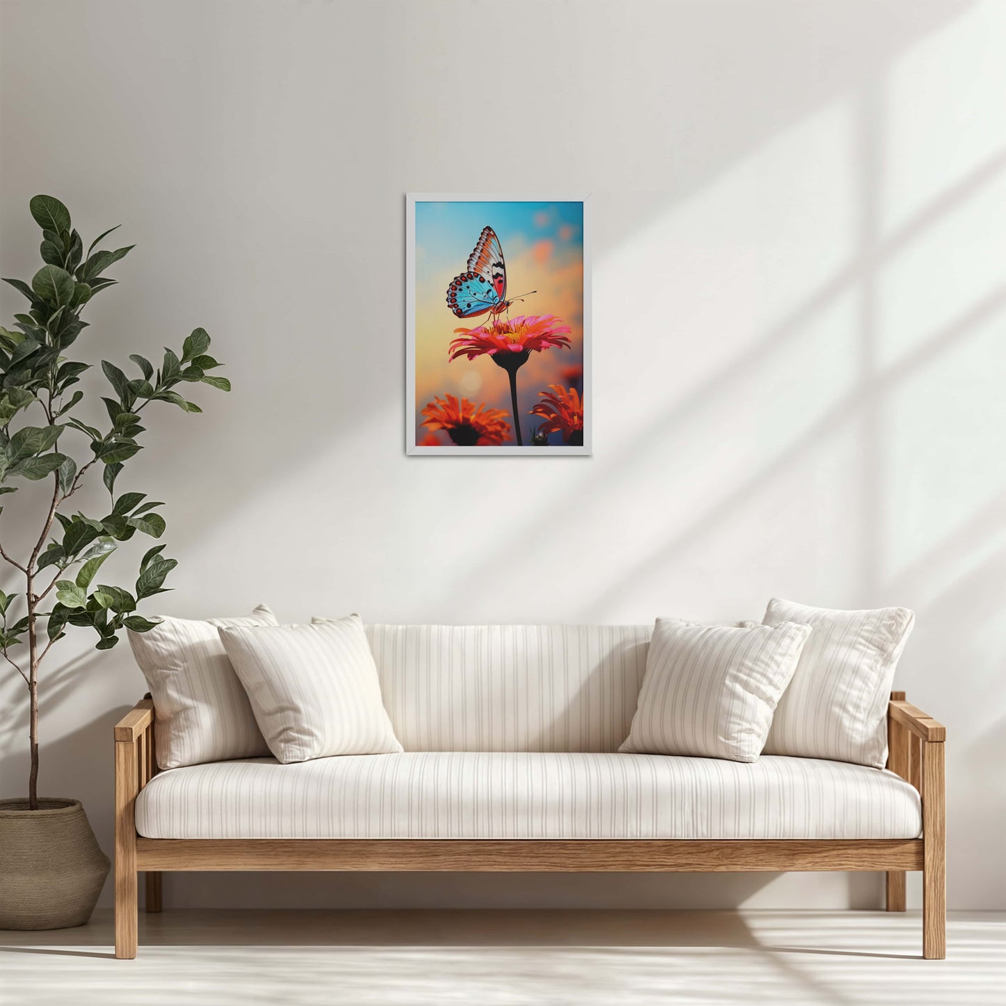 Living Room Cabinet Table Preview of Blossom Grace – Butterfly on Pink Flower in Wall Art in White Color Frame