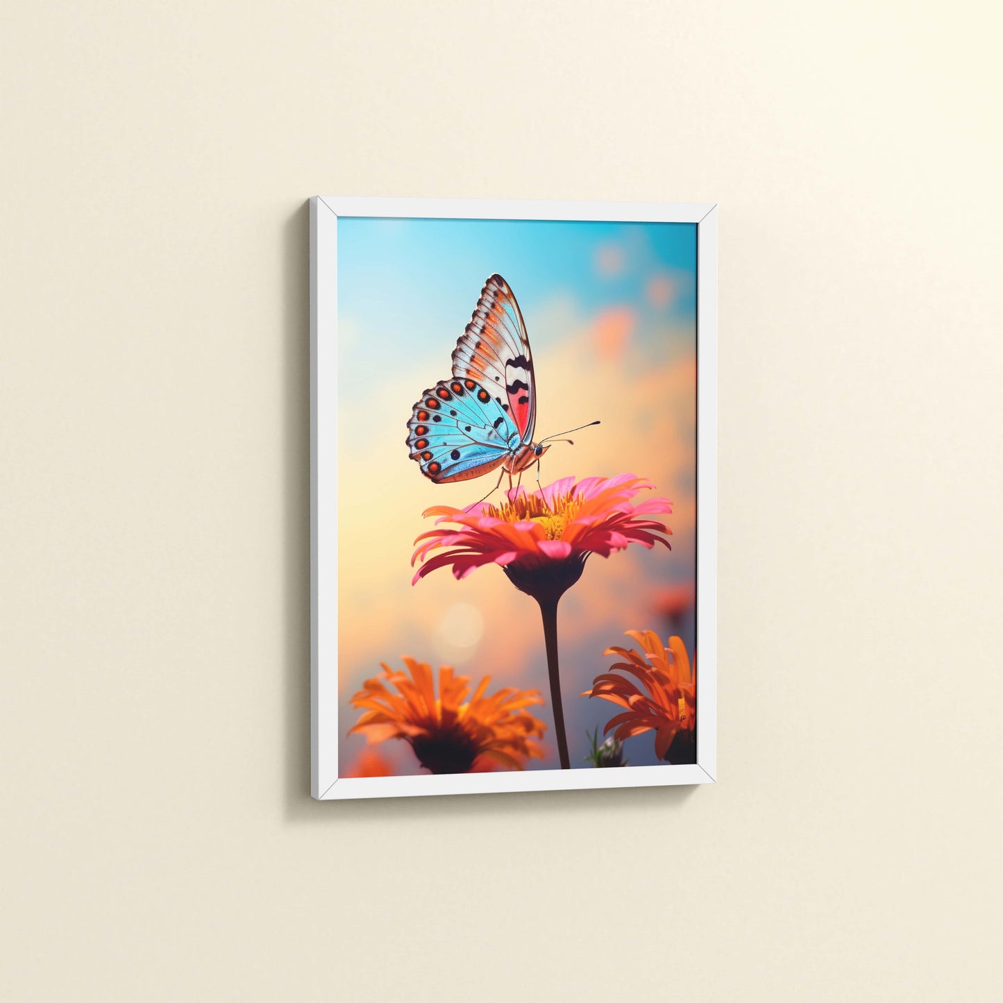 Side View of Blossom Grace – Butterfly on Pink Flower in Wall Art in White Color Frame