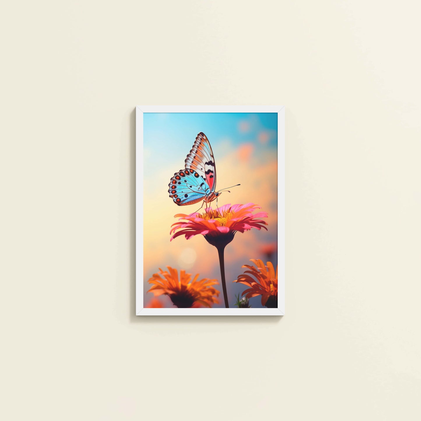 Wall View of Blossom Grace – Butterfly on Pink Flower in Wall Art in White Color Frame