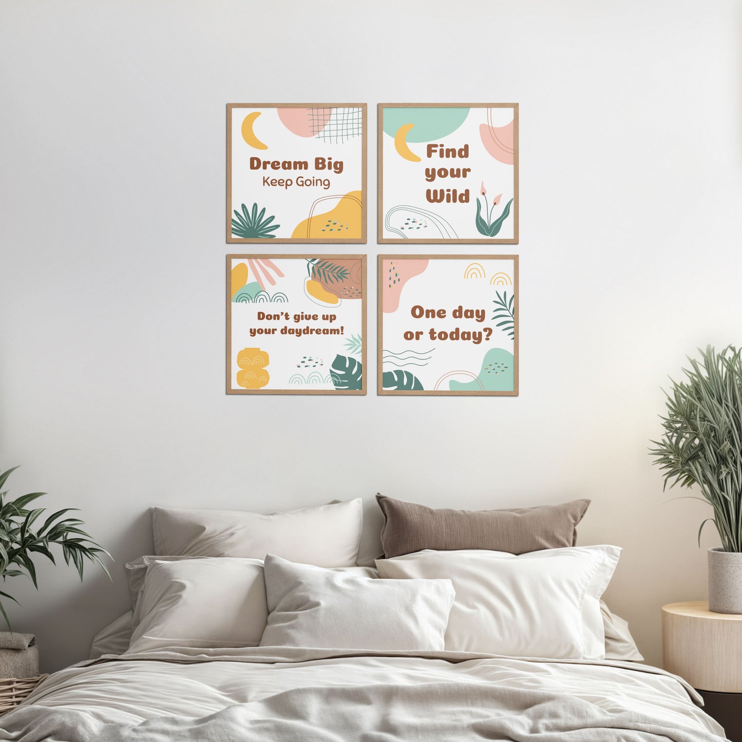 Bed Room Preview of Chase the Dream – Motivational Wall Art Set of 4 Frames in Natrual Color Frame