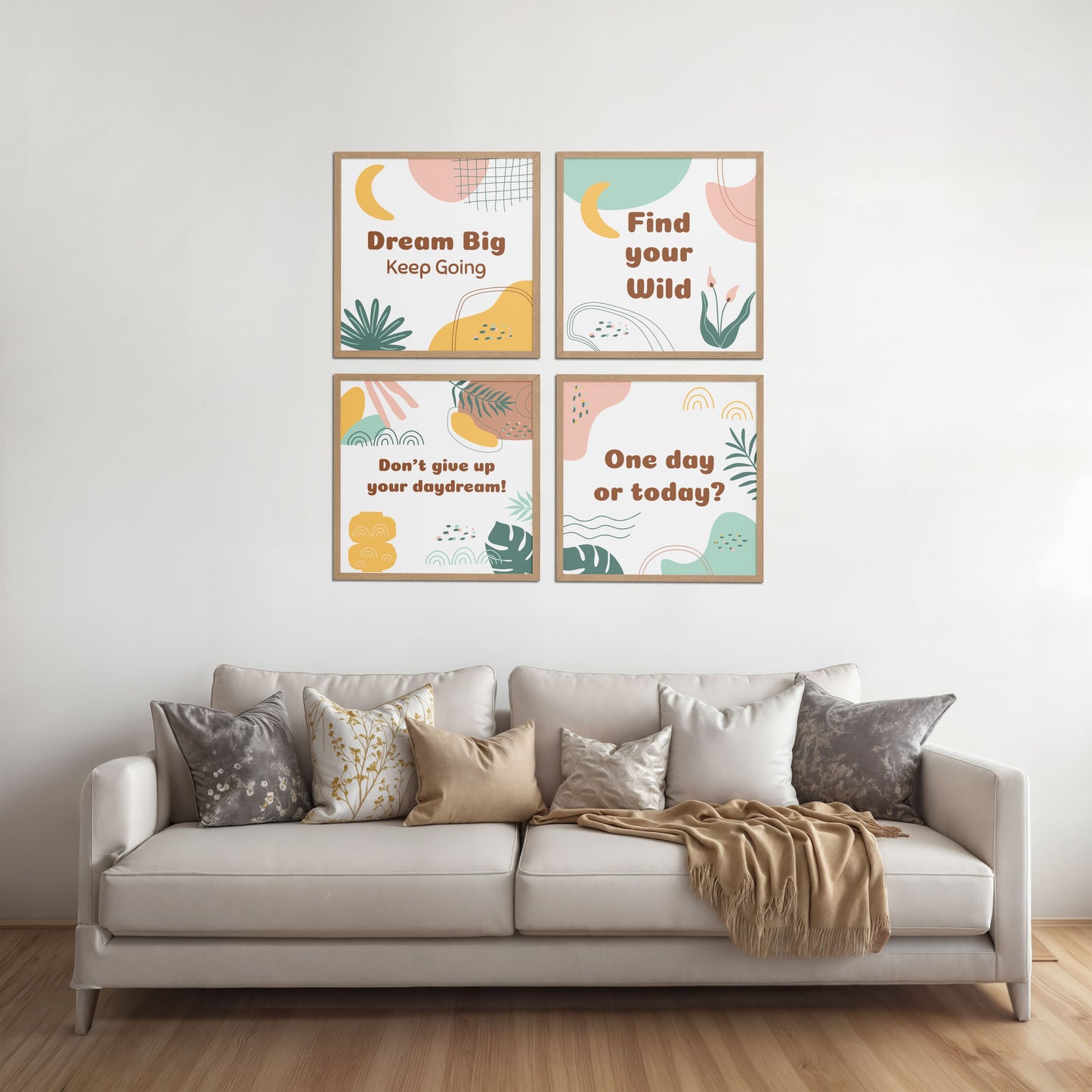 Living Room Sofa Preview of Chase the Dream – Motivational Wall Art Set of 4 Frames in Natrual Color Frame