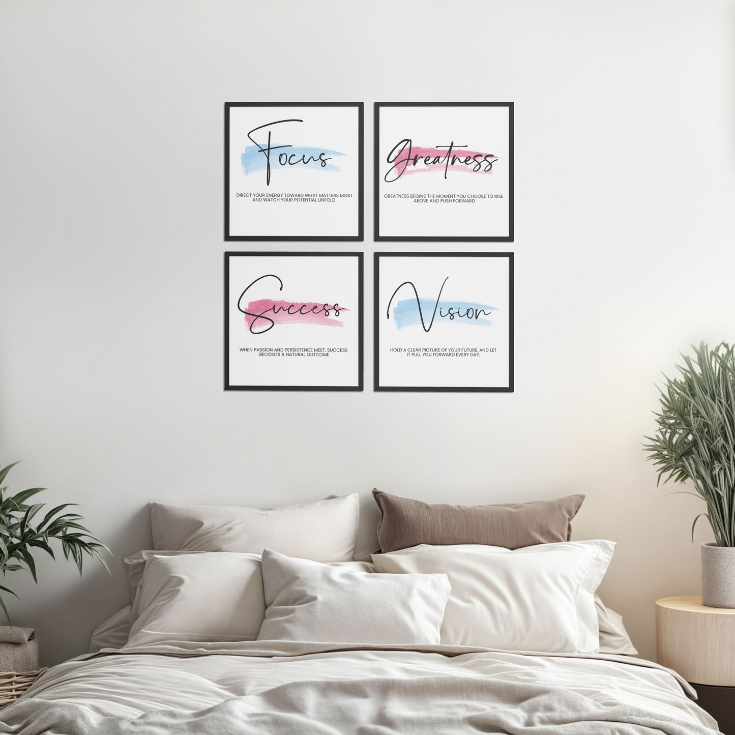 Bed Room Preview of Focus, Vision, Greatness & Success Wall Art Set of 4 Frames in Black Color Frame