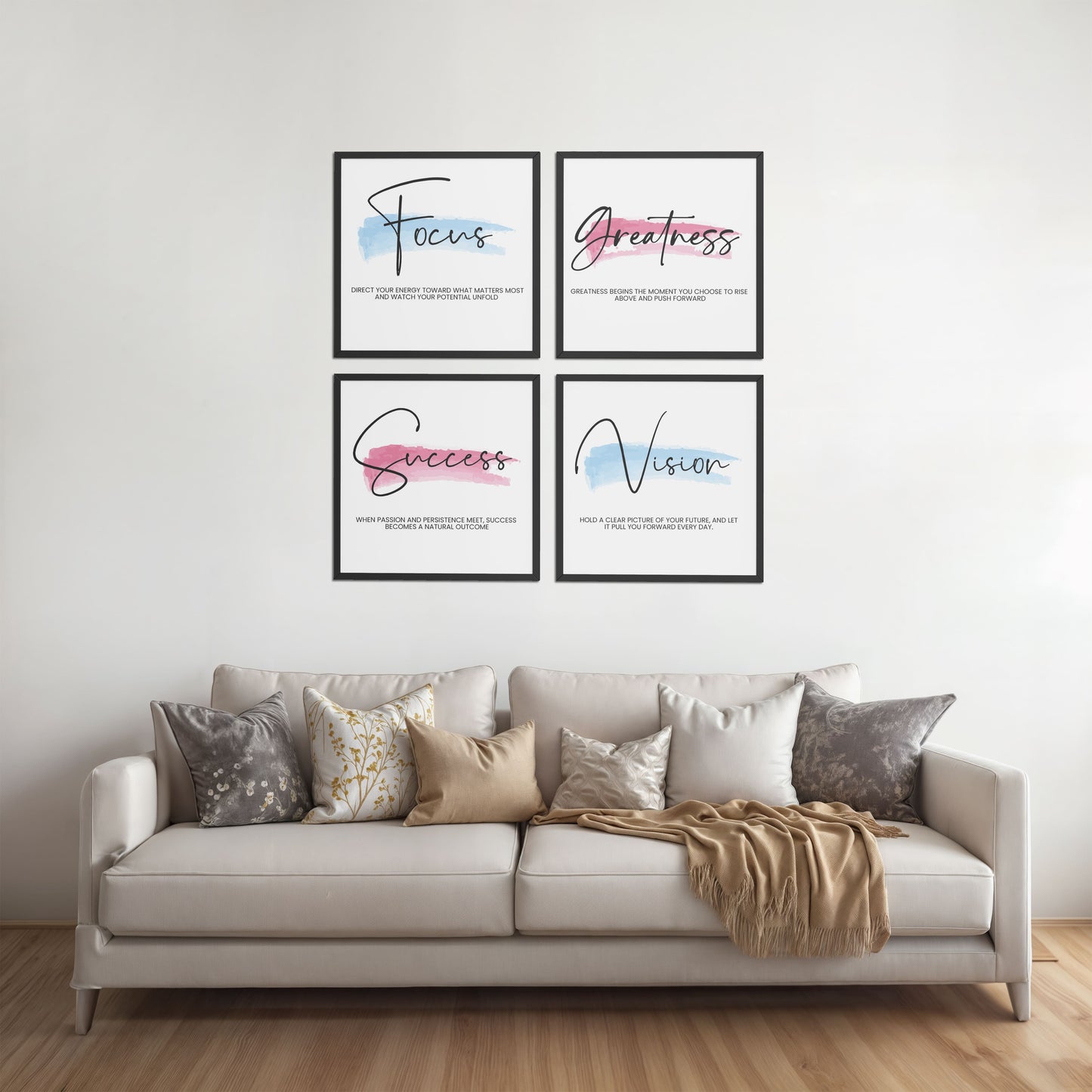 Living Room Sofa Preview of Focus, Vision, Greatness & Success Wall Art Set of 4 Frames in Black Color Frame