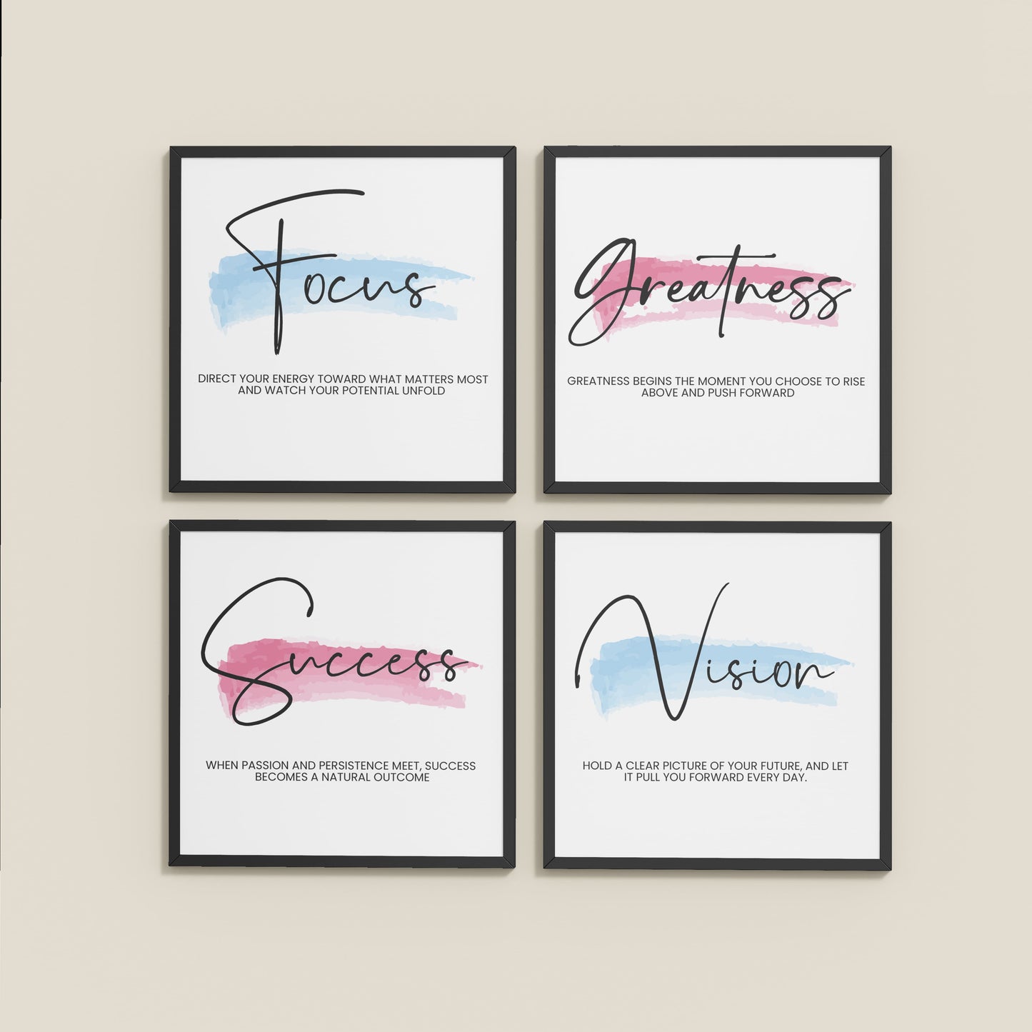 Wall View of Focus, Vision, Greatness & Success Wall Art Set of 4 Frames in Black Color Frame