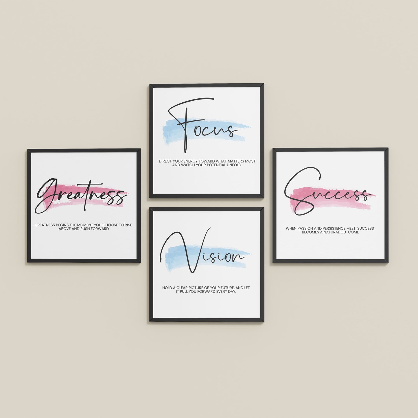 Inclined Floor View of Focus, Vision, Greatness & Success Wall Art Set of 4 Frames in Black Color Frame