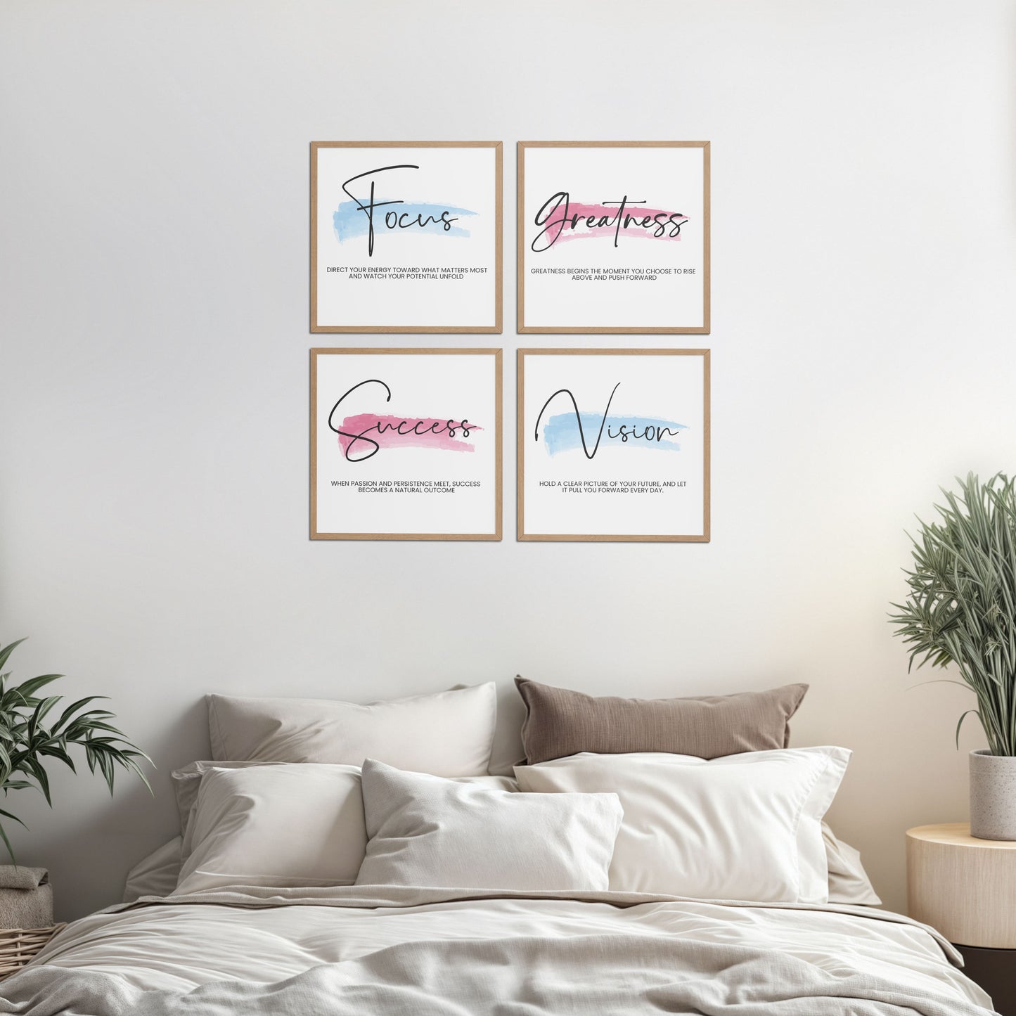 Bed Room Preview of Focus, Vision, Greatness & Success Wall Art Set of 4 Frames in Natrual Color Frame
