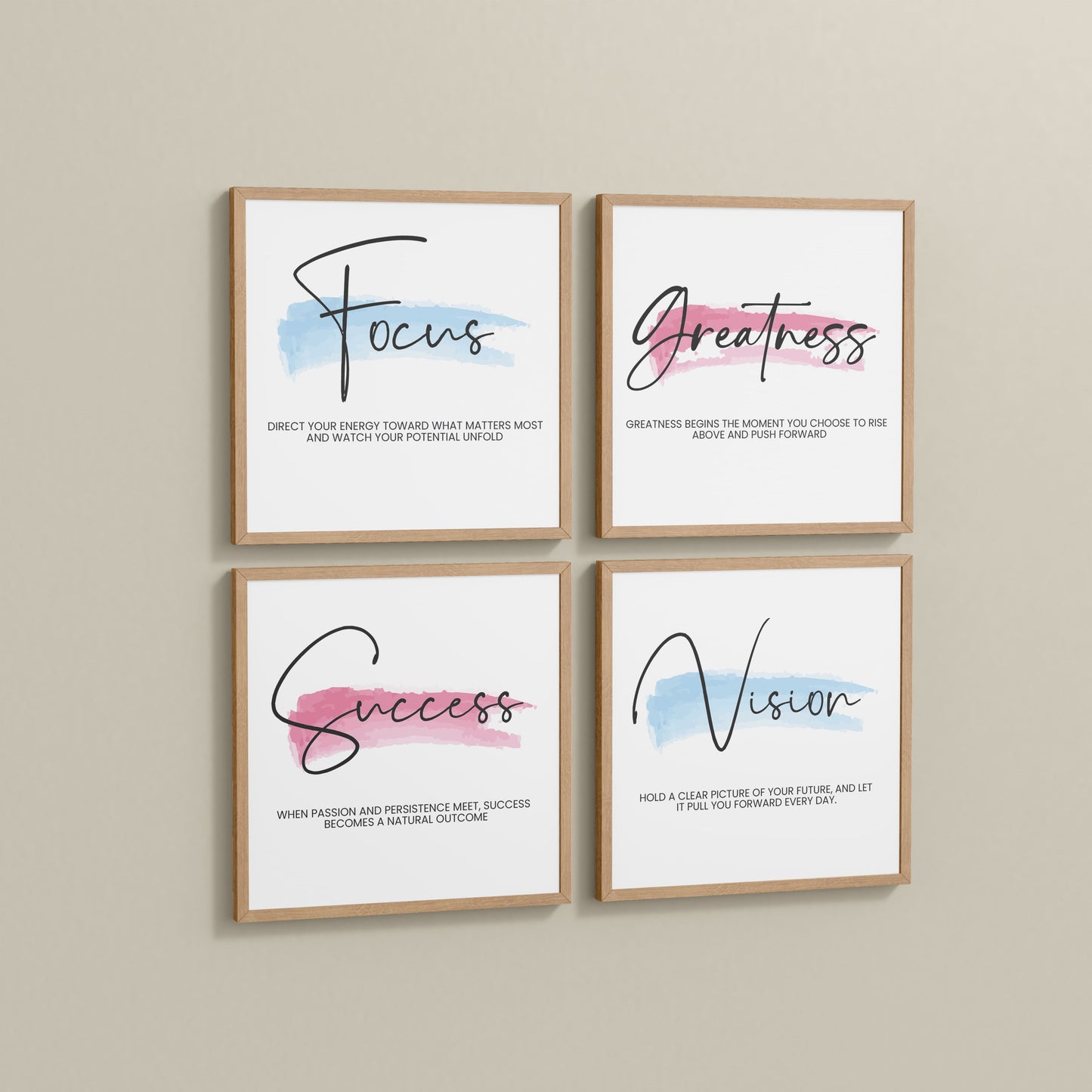 Side View of Focus, Vision, Greatness & Success Wall Art Set of 4 Frames in Natrual Color Frame