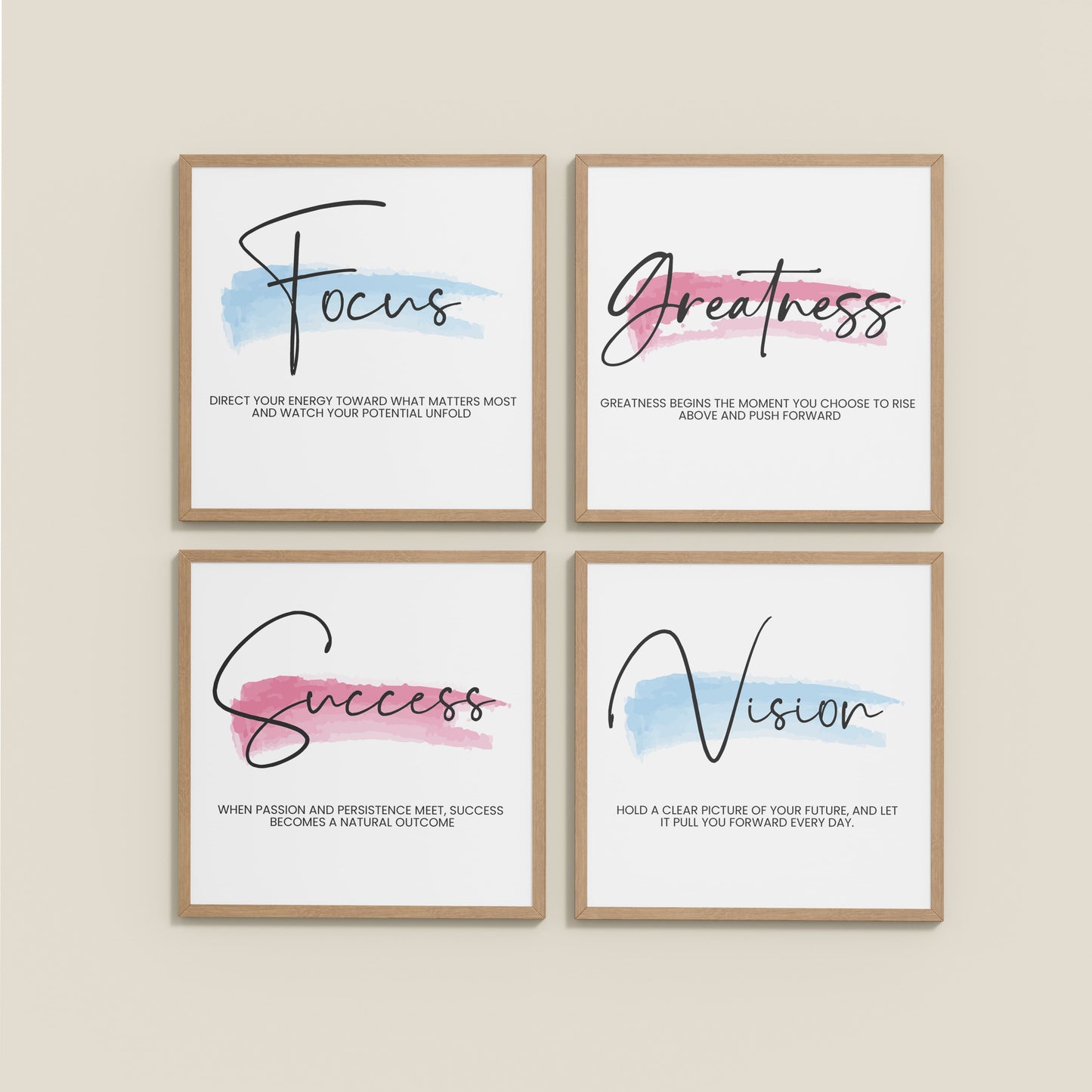 Wall View of Focus, Vision, Greatness & Success Wall Art Set of 4 Frames in Natrual Color Frame