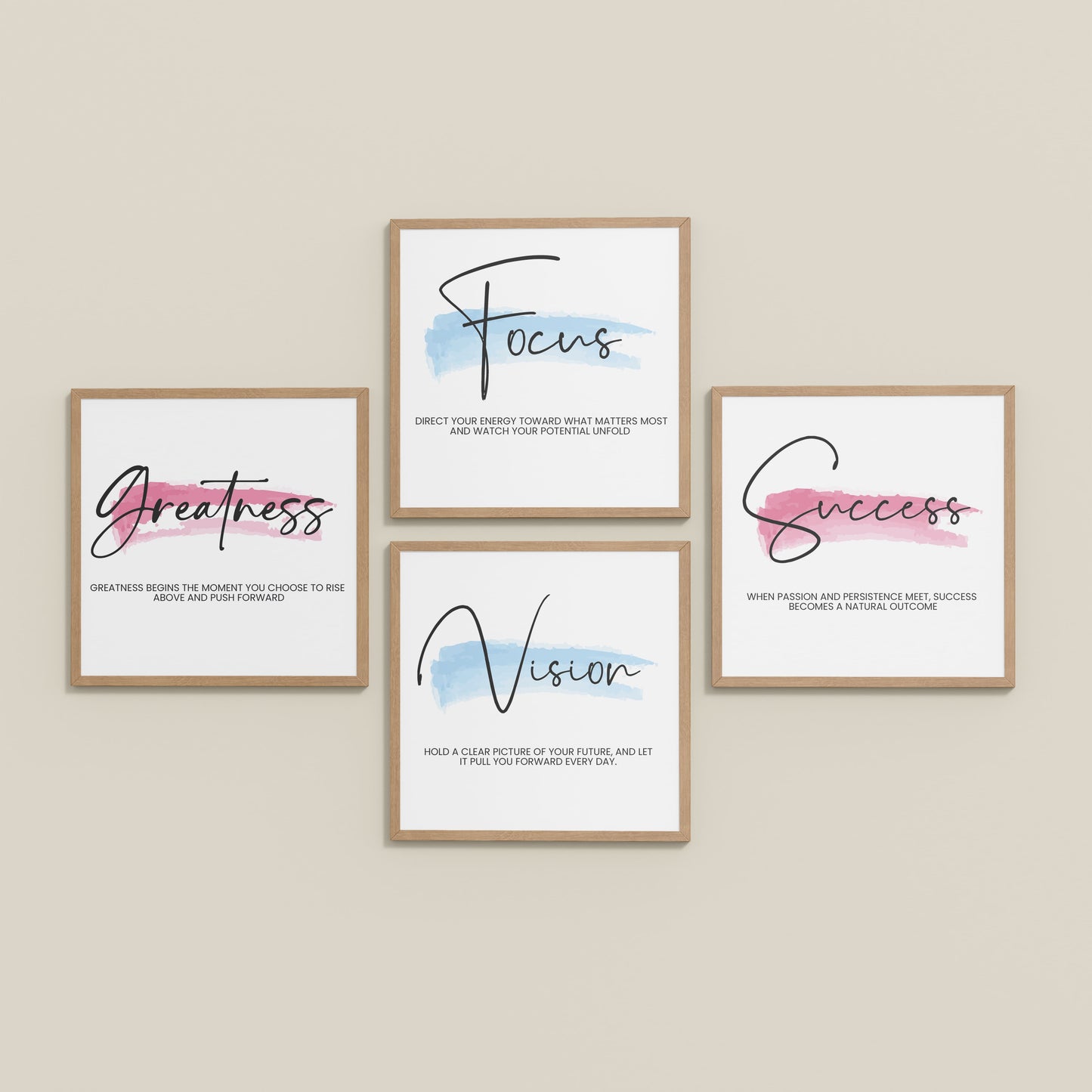 Inclined Floor View of Focus, Vision, Greatness & Success Wall Art Set of 4 Frames in Natrual Color Frame