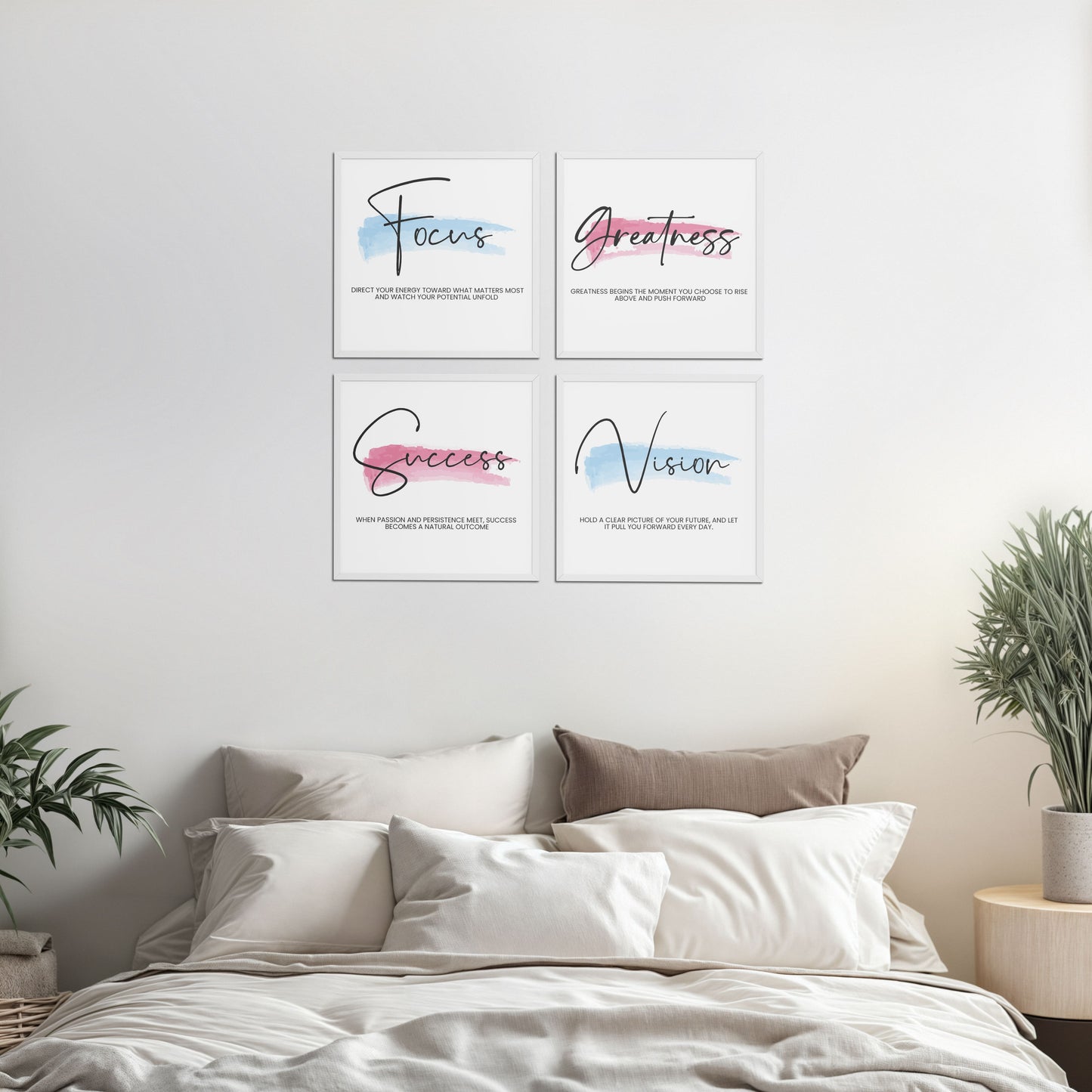 Bed Room Preview of Focus, Vision, Greatness & Success Wall Art Set of 4 Frames in White Color Frame
