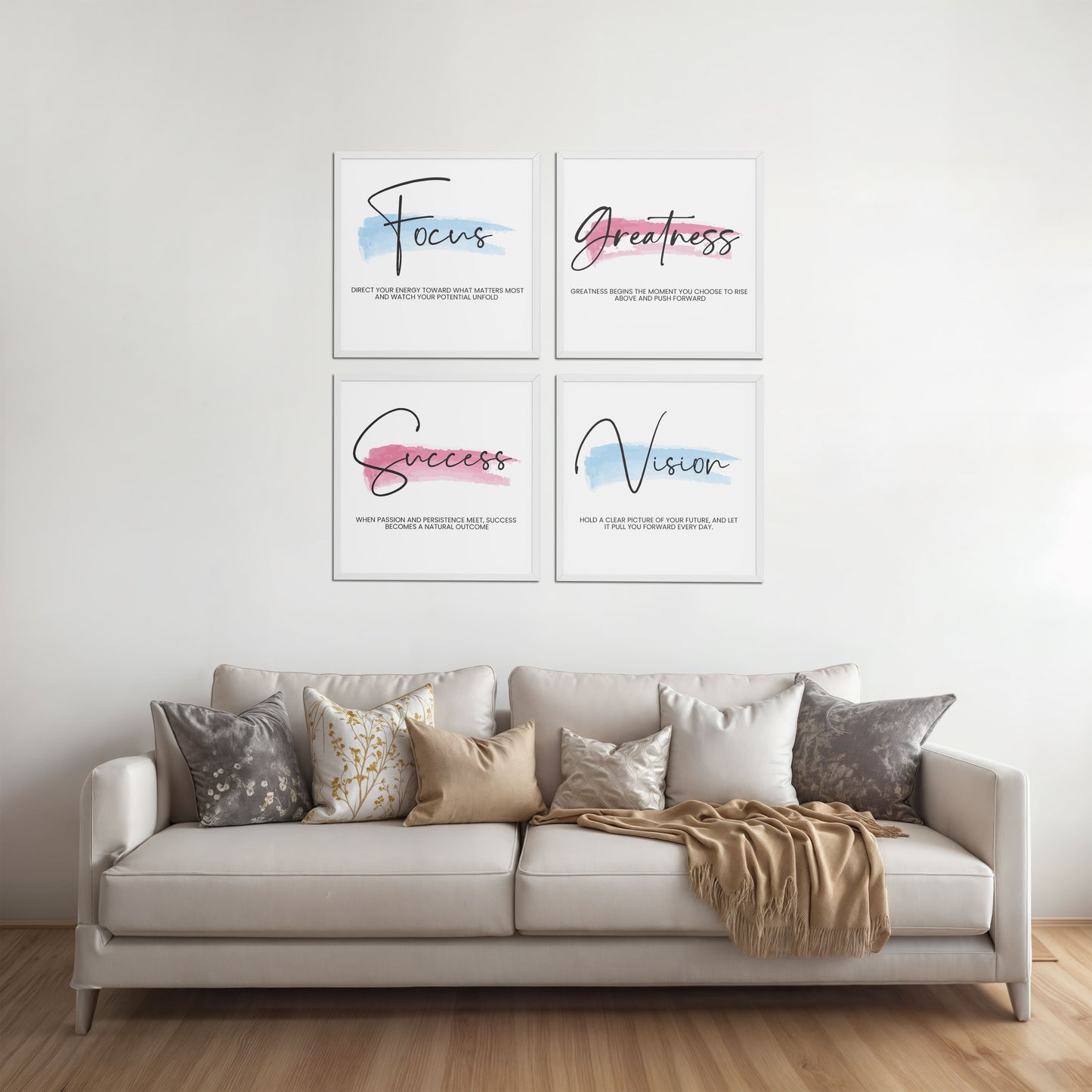 Living Room Sofa Preview of Focus, Vision, Greatness & Success Wall Art Set of 4 Frames in White Color Frame