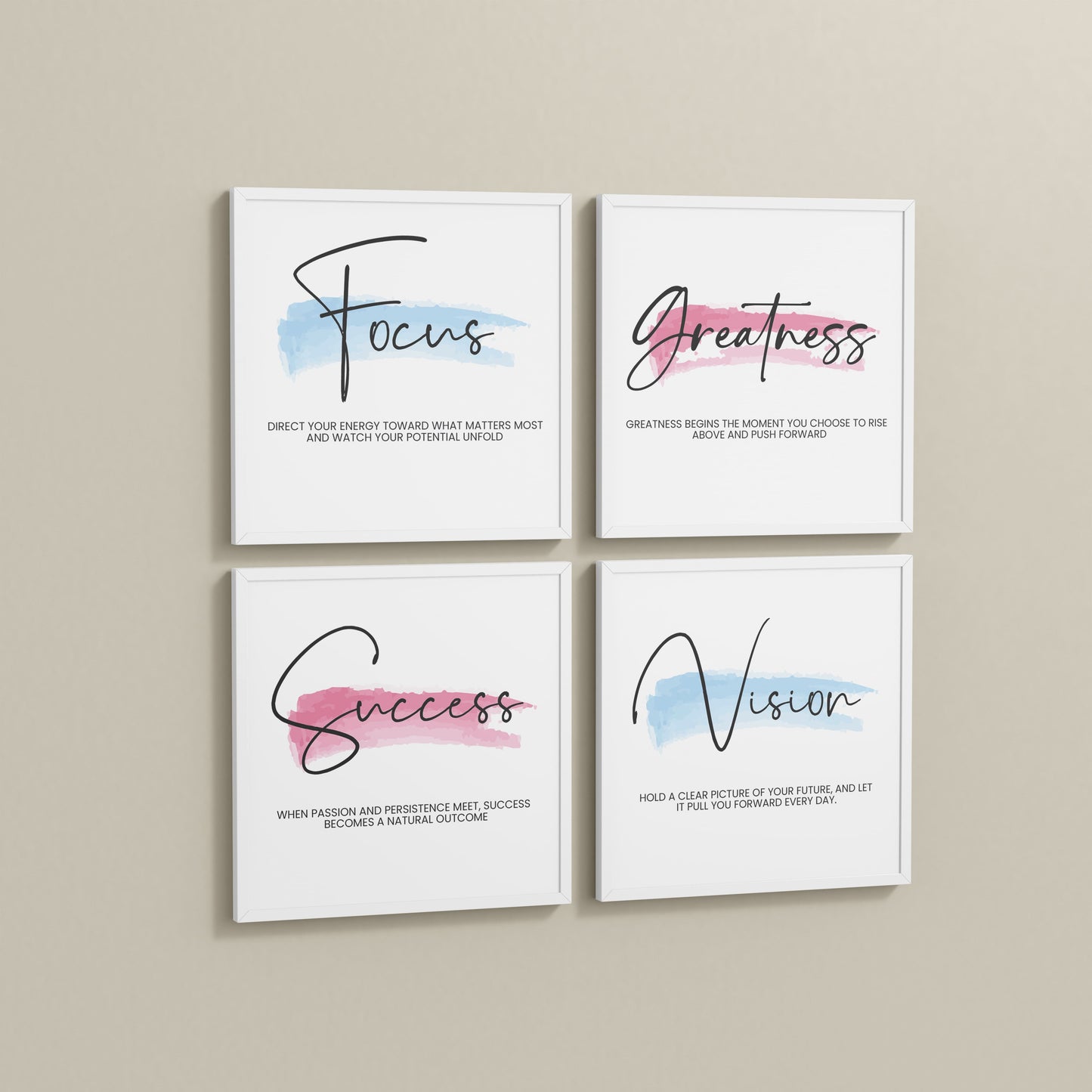 Side View of Focus, Vision, Greatness & Success Wall Art Set of 4 Frames in White Color Frame