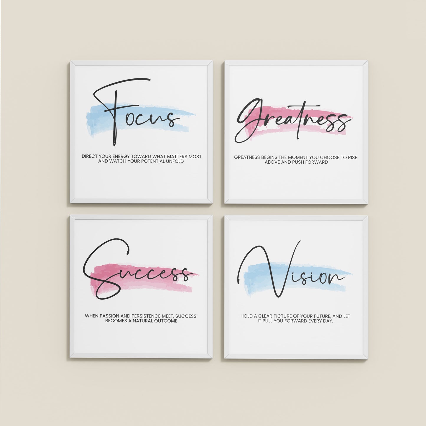 Wall View of Focus, Vision, Greatness & Success Wall Art Set of 4 Frames in White Color Frame