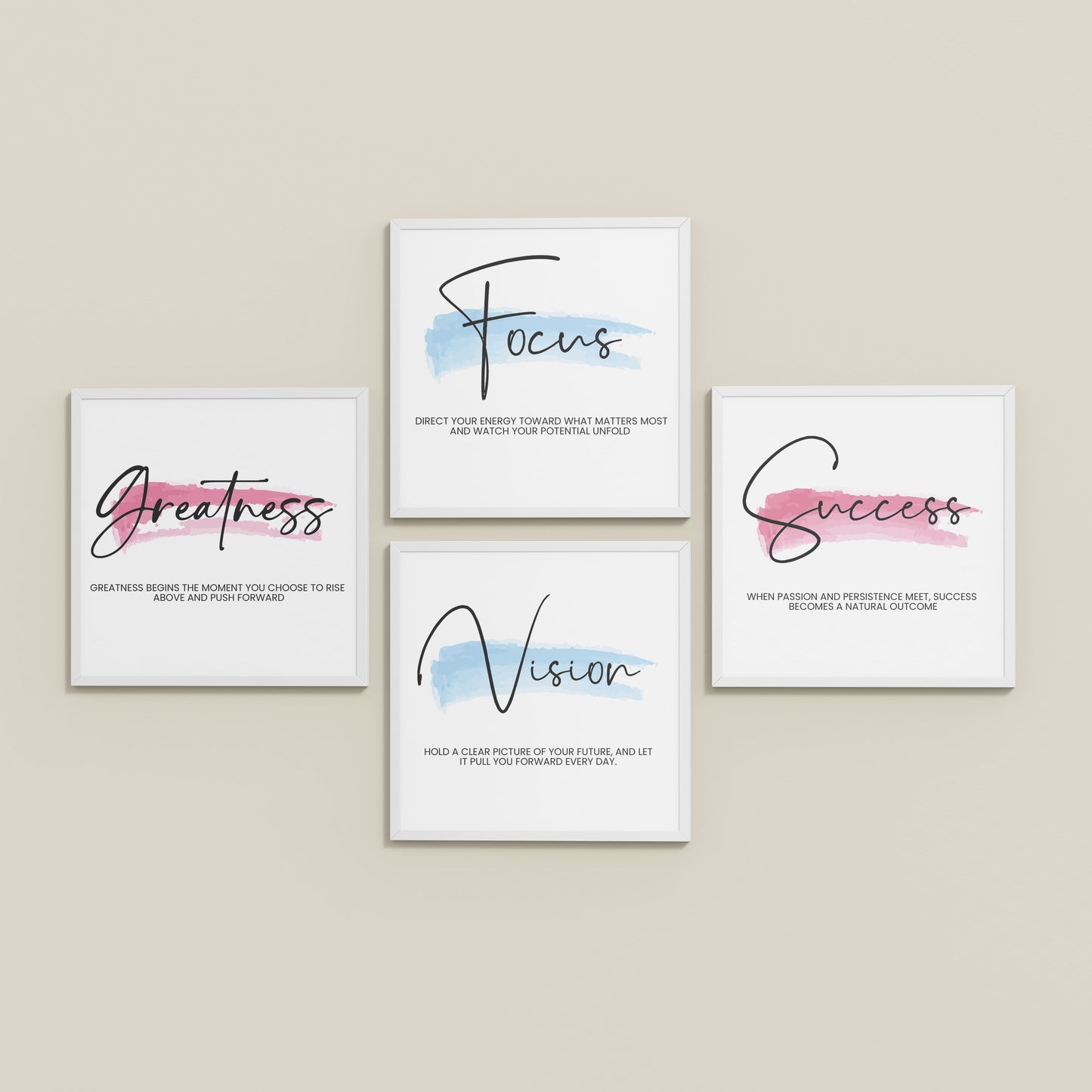 Inclined Floor View of Focus, Vision, Greatness & Success Wall Art Set of 4 Frames in White Color Frame