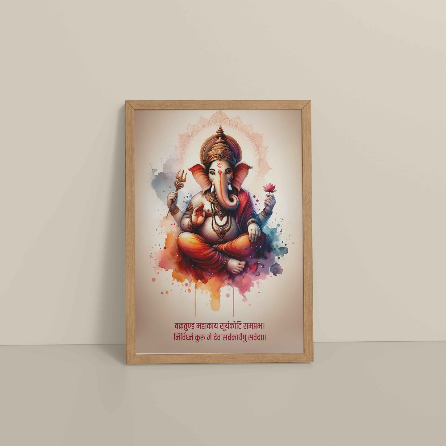 Floor View Ganesh Wall Frame with Mantra – Vakratunda Mahakaya in Natrual Frame