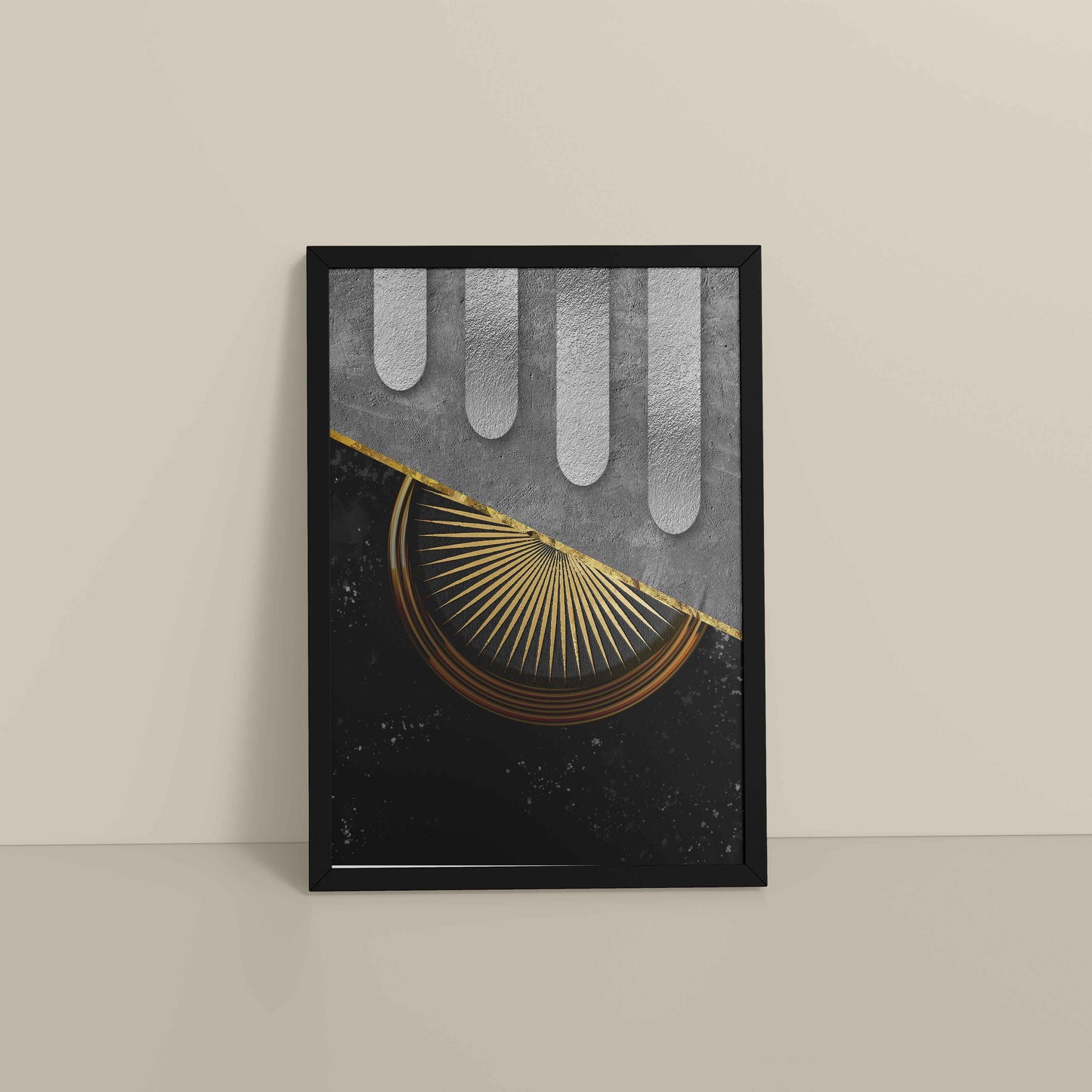 Floor View of Vertical Glam – Minimalist Black & Gold Nordic Geometric Art in Black Color Frame