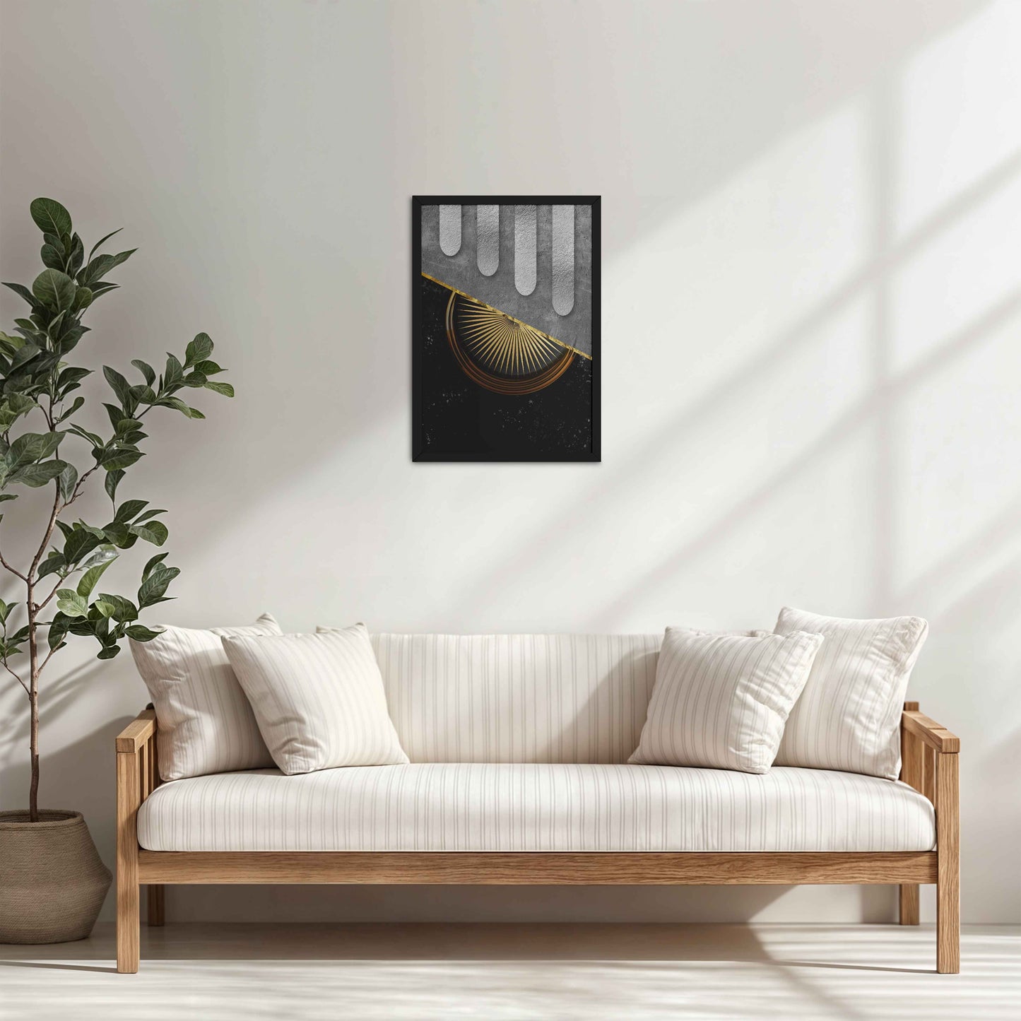 Living Room Cabinet Table Preview of Vertical Glam – Minimalist Black & Gold Nordic Geometric Art in Black Color Frame