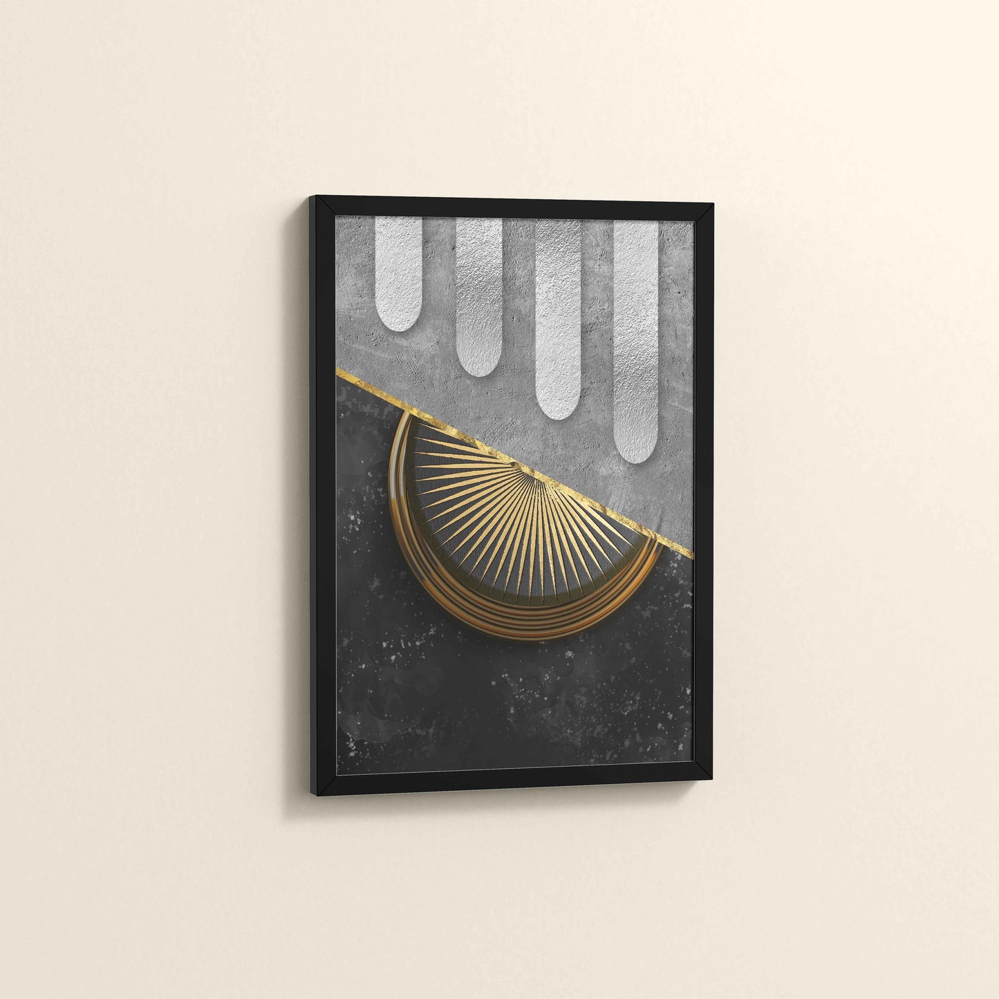 Side View of Vertical Glam – Minimalist Black & Gold Nordic Geometric Art in Black Color Frame