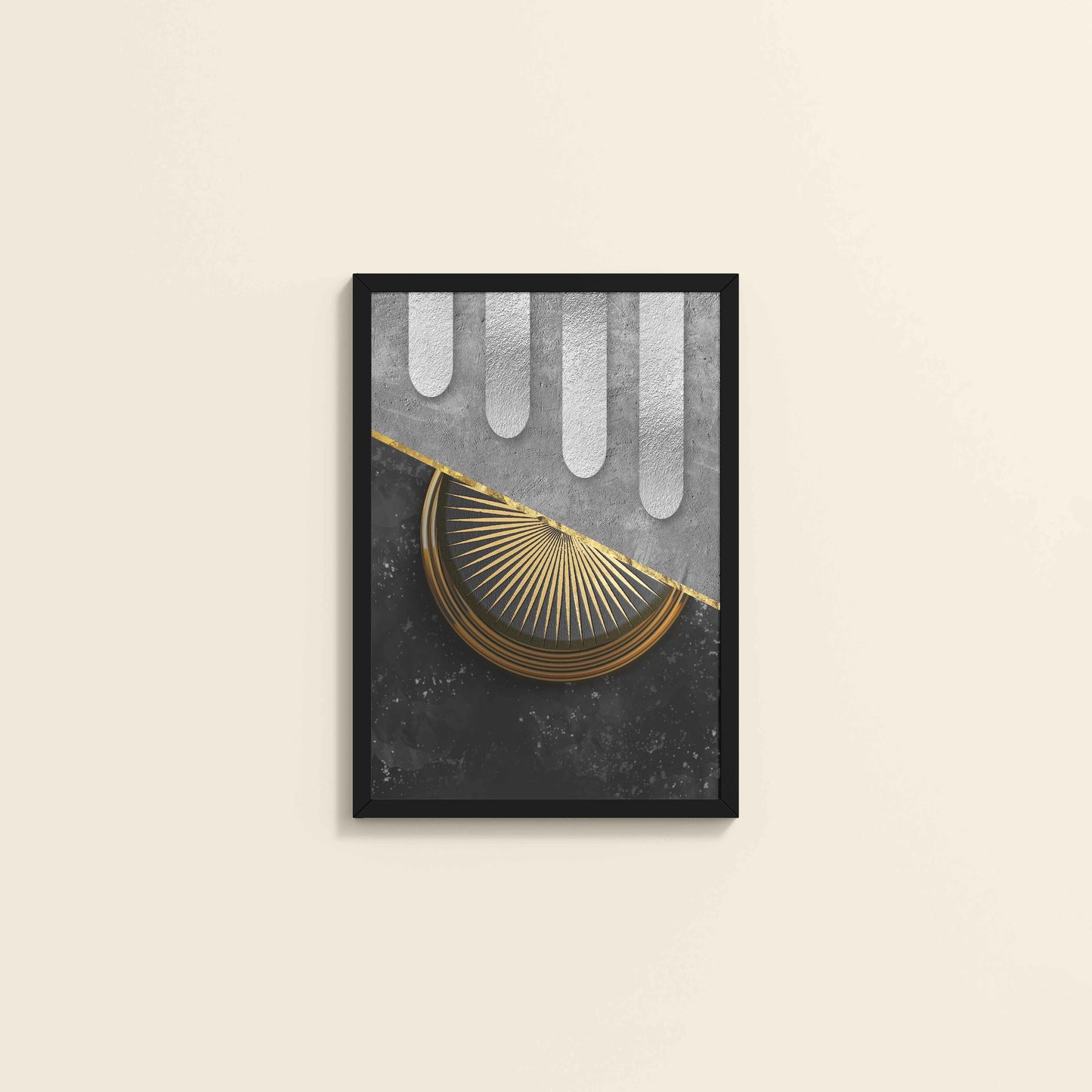 Wall View of Vertical Glam – Minimalist Black & Gold Nordic Geometric Art in Black Color Frame
