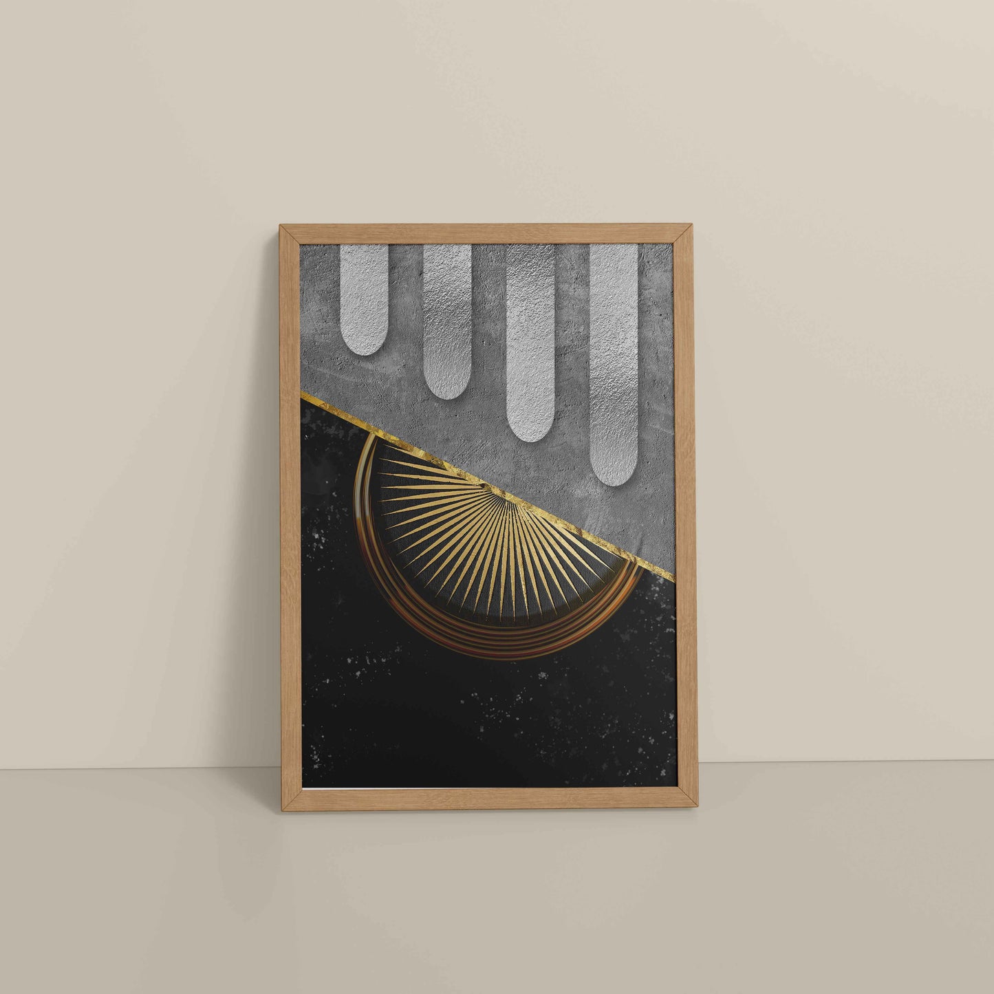 Floor View of Vertical Glam – Minimalist Black & Gold Nordic Geometric Art in Natrual Color Frame
