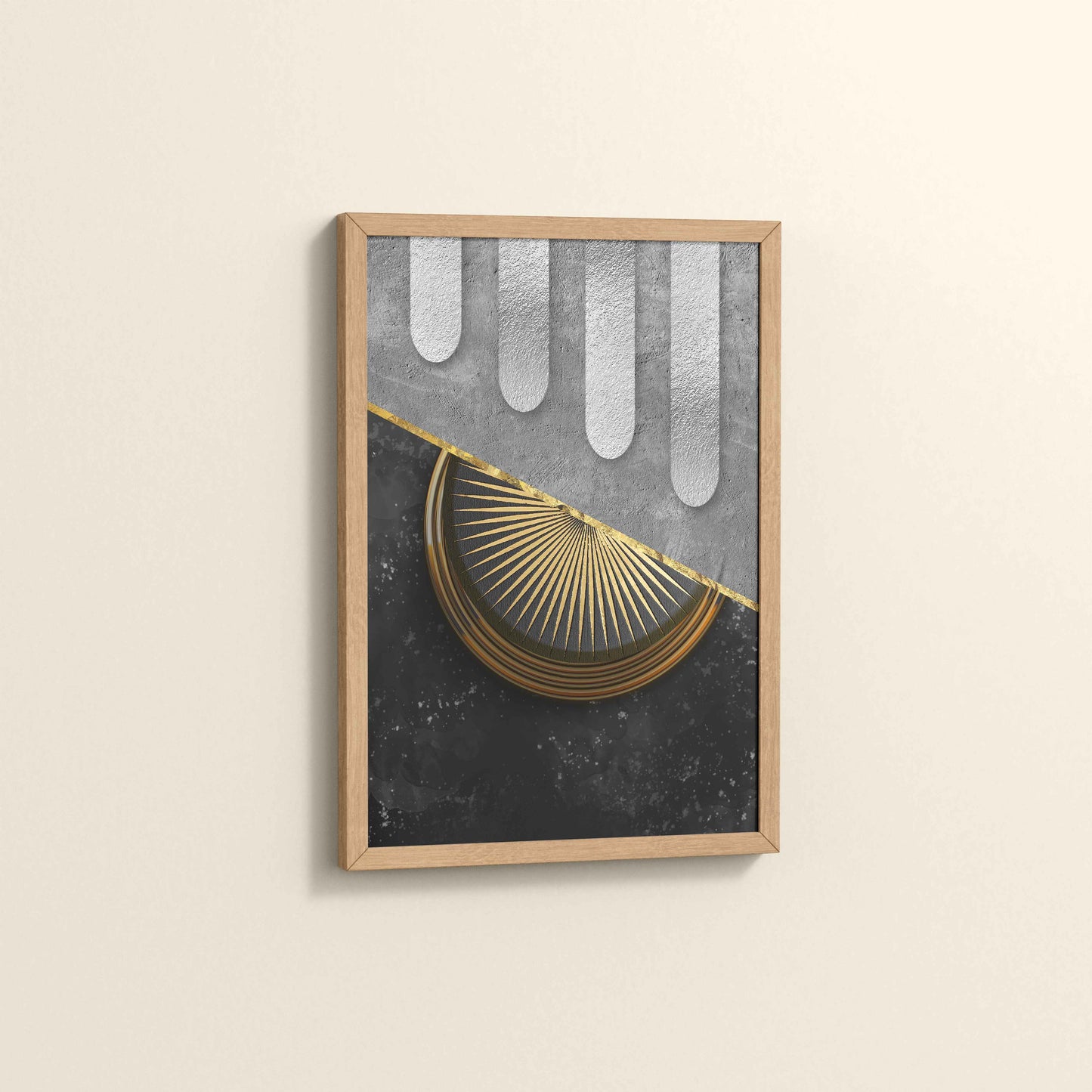 Side View of Vertical Glam – Minimalist Black & Gold Nordic Geometric Art in Natrual Color Frame