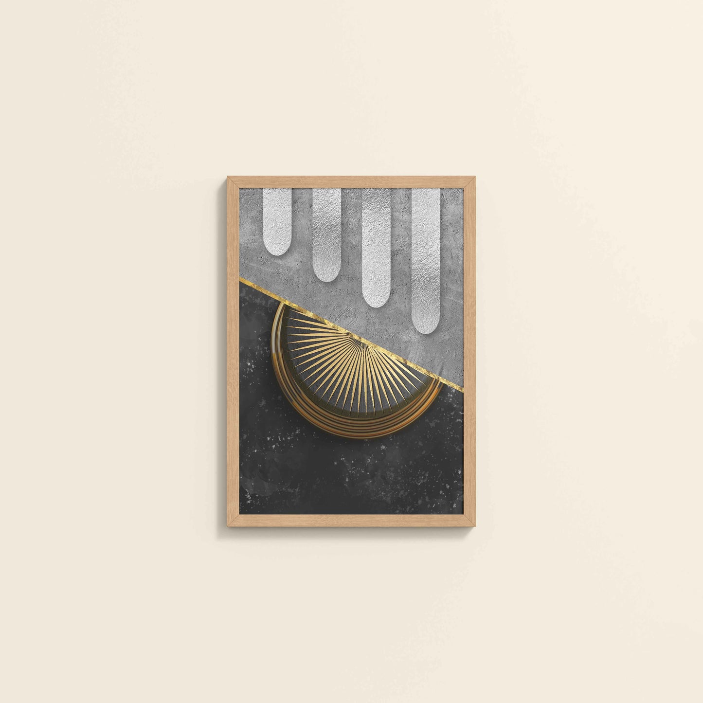 Wall View of Vertical Glam – Minimalist Black & Gold Nordic Geometric Art in Natrual Color Frame
