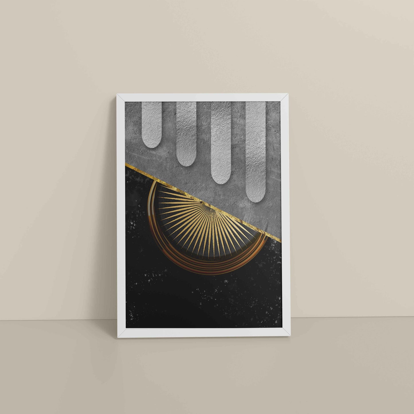 Floor View of Vertical Glam – Minimalist Black & Gold Nordic Geometric Art in White Color Frame