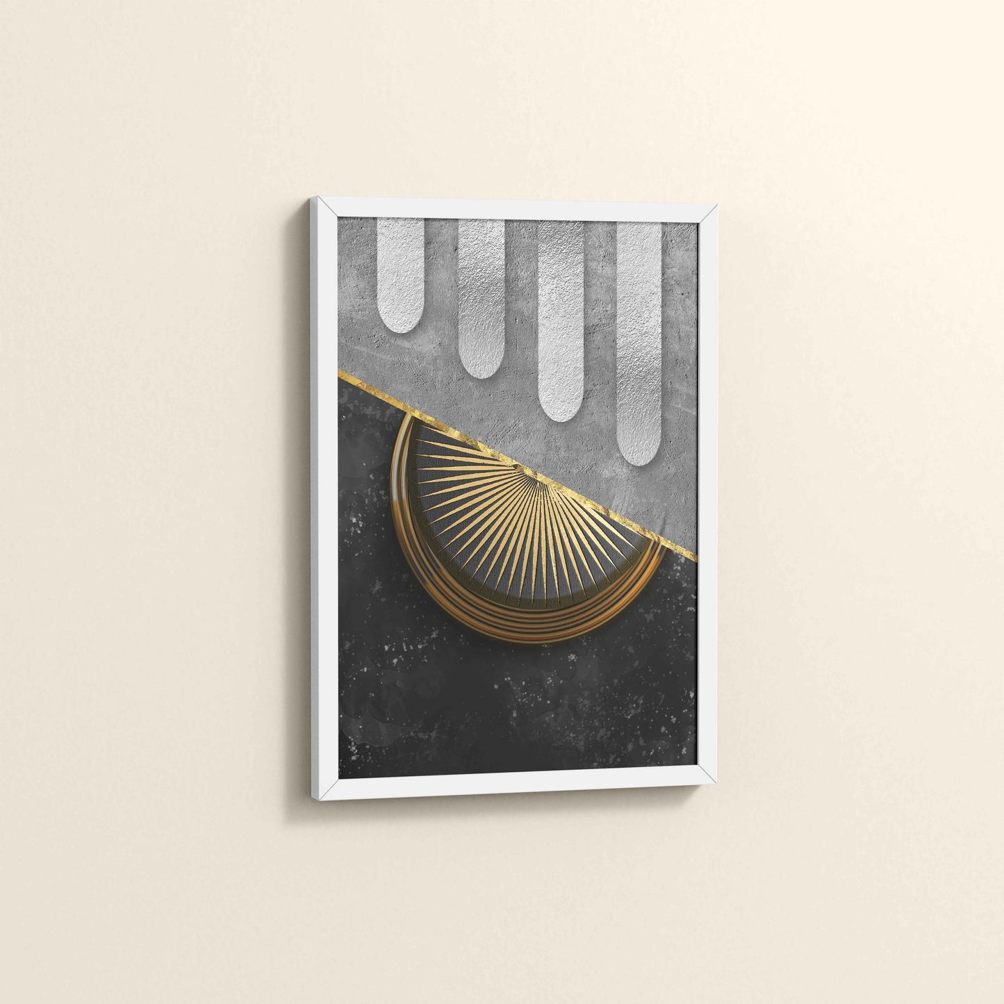 Side View of Vertical Glam – Minimalist Black & Gold Nordic Geometric Art in White Color Frame