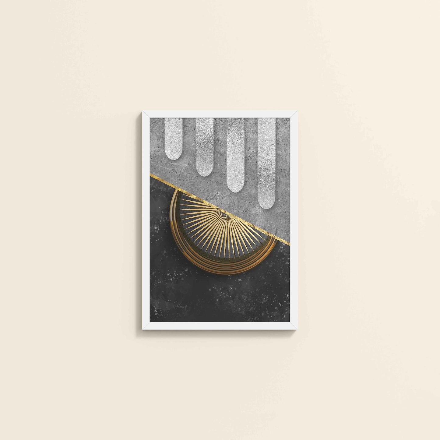 Wall View of Vertical Glam – Minimalist Black & Gold Nordic Geometric Art in White Color Frame