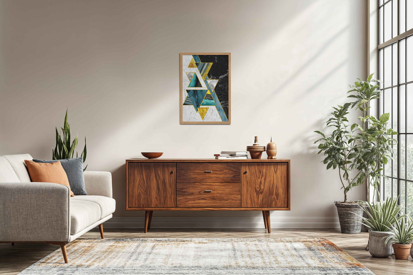 Living Room Sofa Preview of Geometric Triangle Art – Modern Wall Decor in Natrual Color Frame