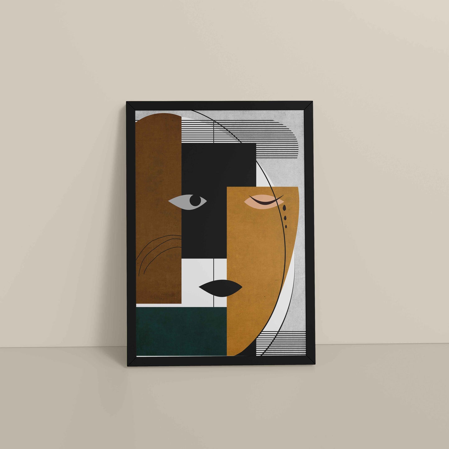Floor View of GeoFace – Abstract Geometric Face Wall Art in Black Color Frame