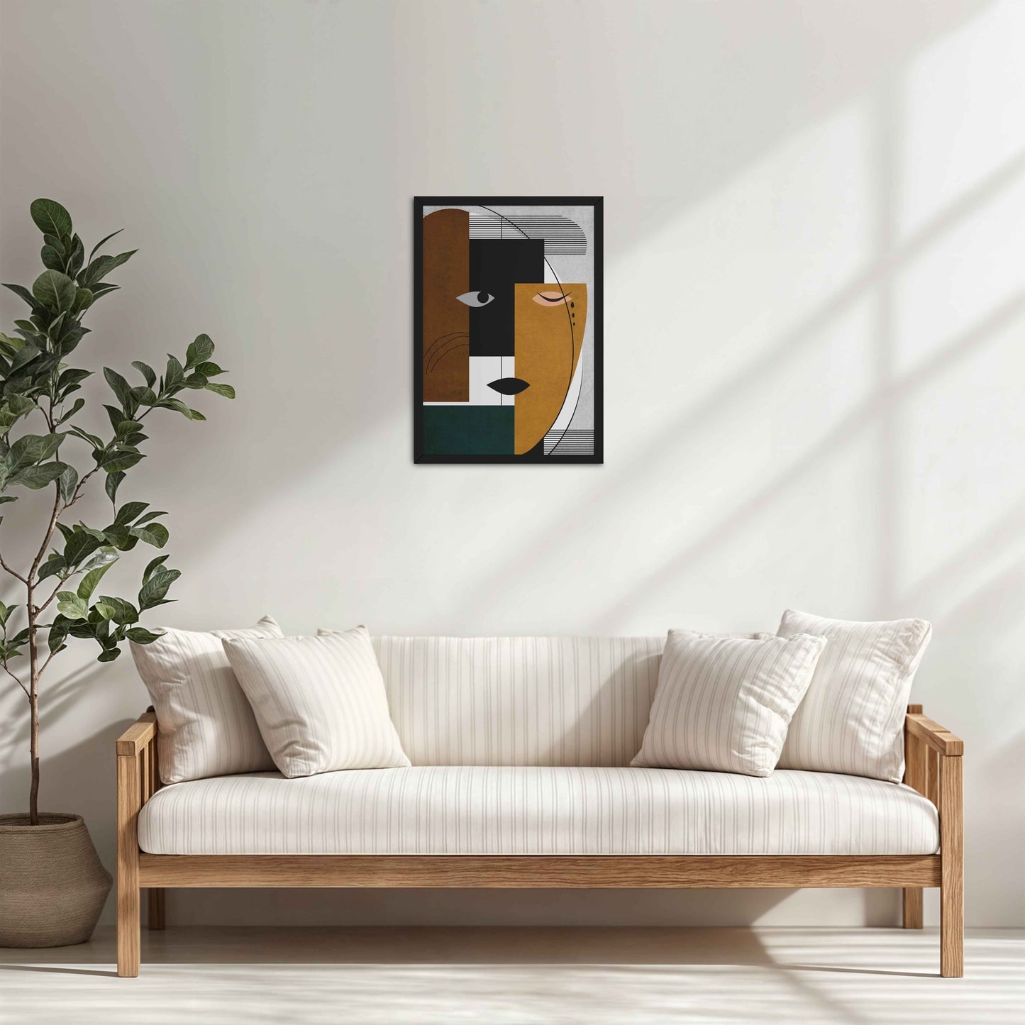 Living Room Cabinet Table Preview of GeoFace – Abstract Geometric Face Wall Art in Black Color Frame