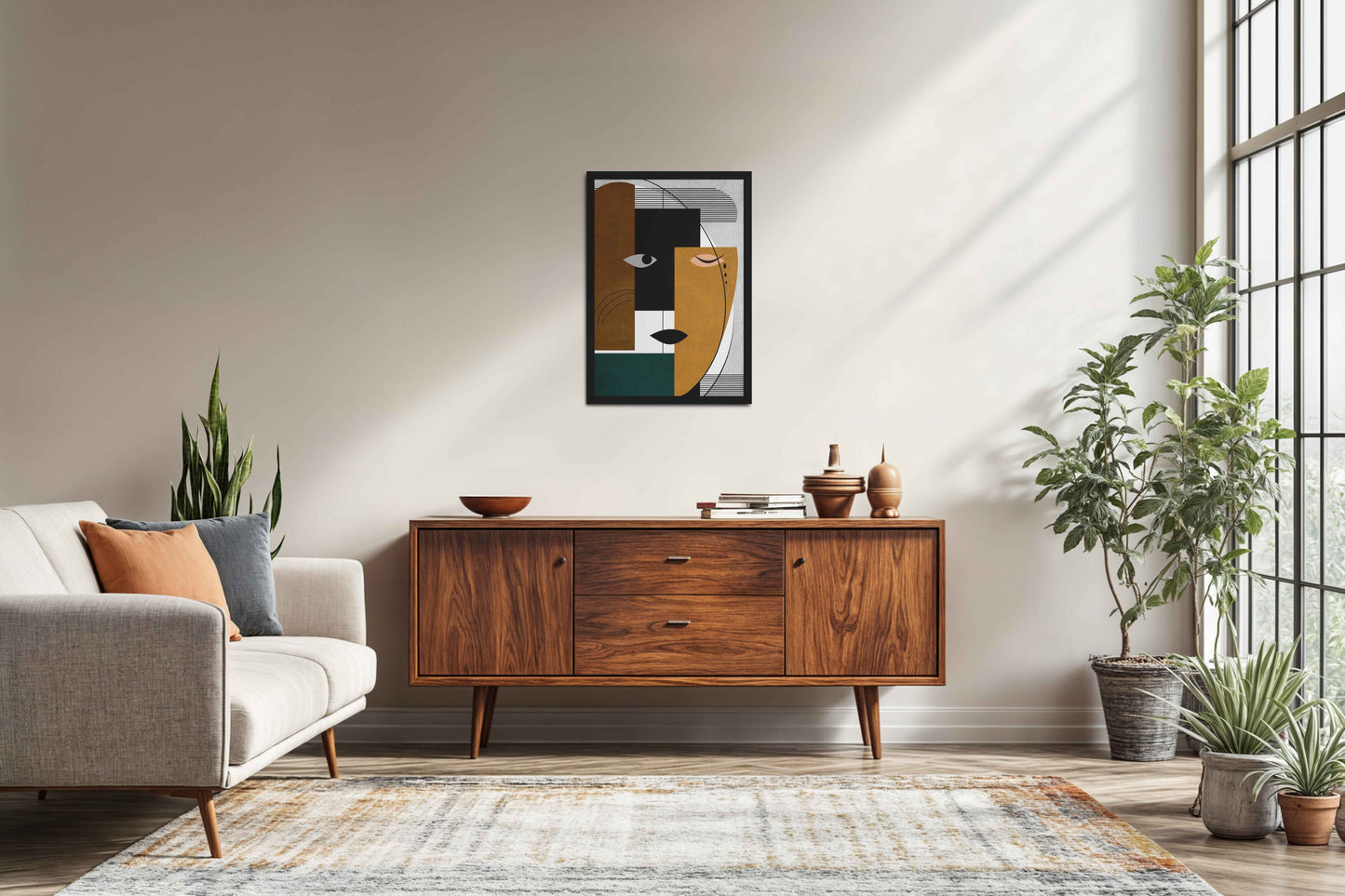 Living Room Sofa Preview of GeoFace – Abstract Geometric Face Wall Art in Black Color Frame