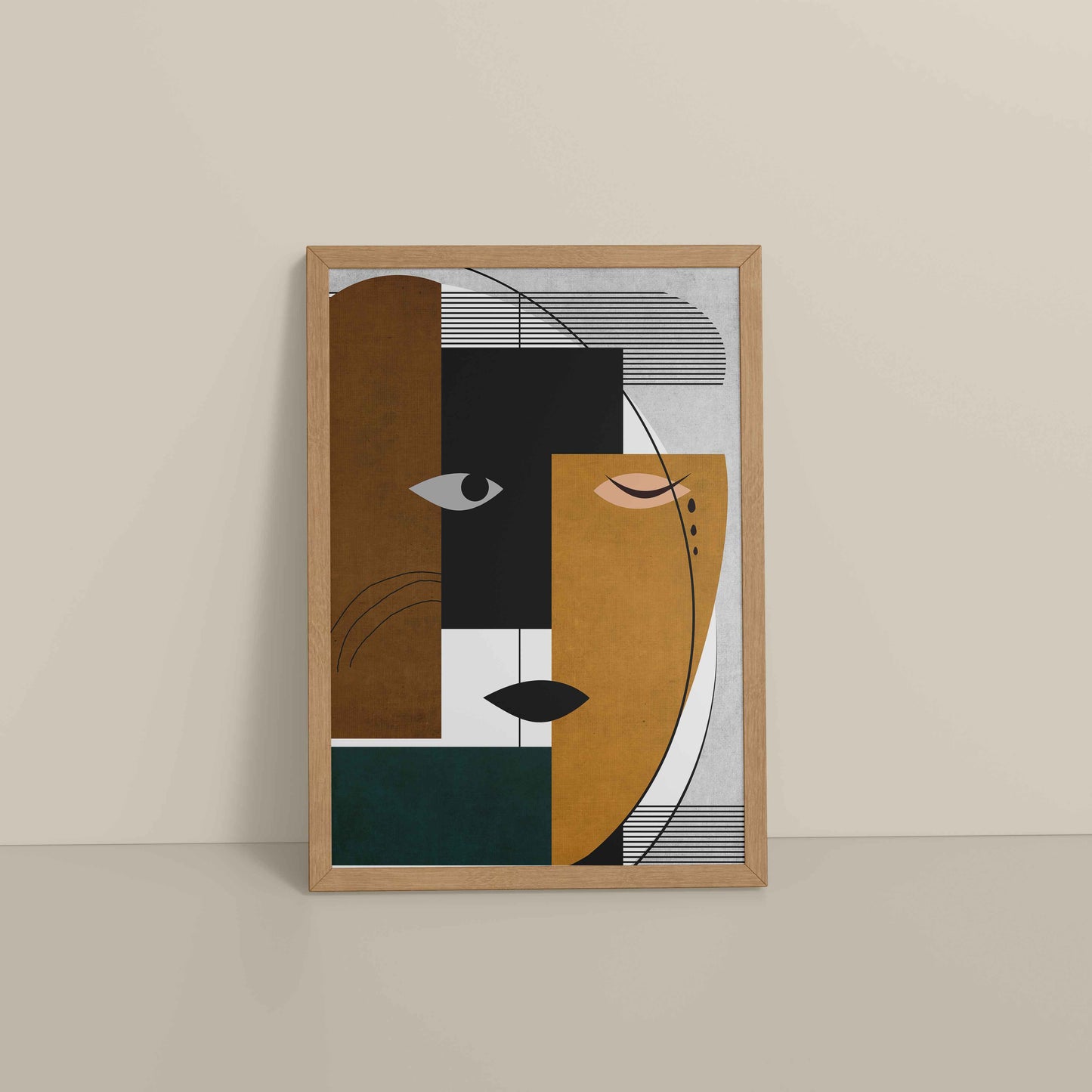 Floor View of GeoFace – Abstract Geometric Face Wall Art in Natrual Color Frame