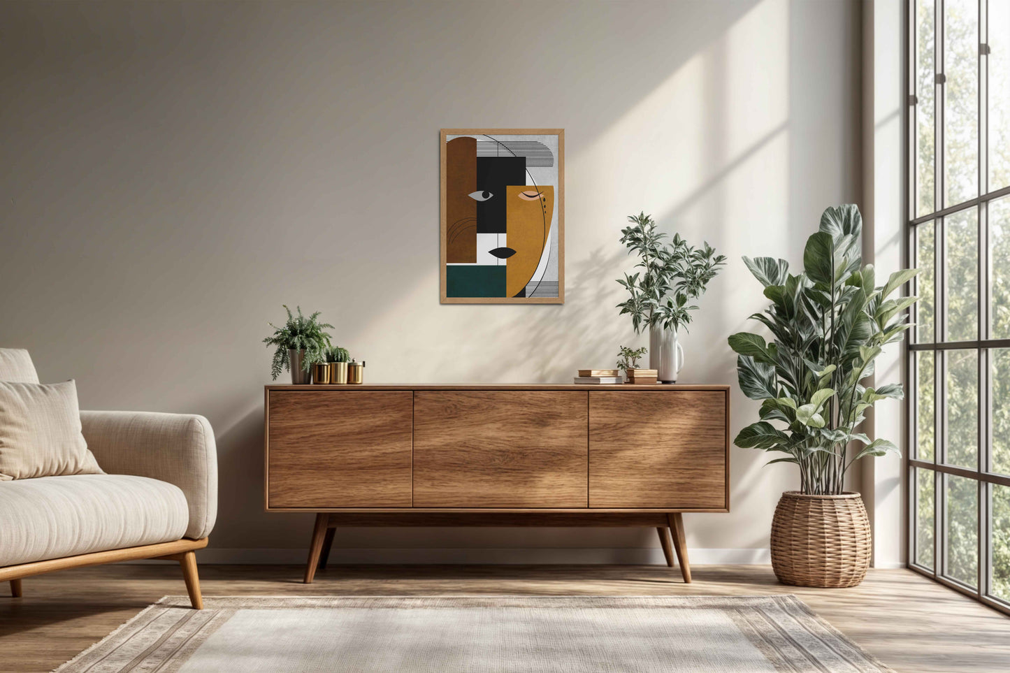 Living Room Cabinet Preview of GeoFace – Abstract Geometric Face Wall Art in Natrual Color Frame