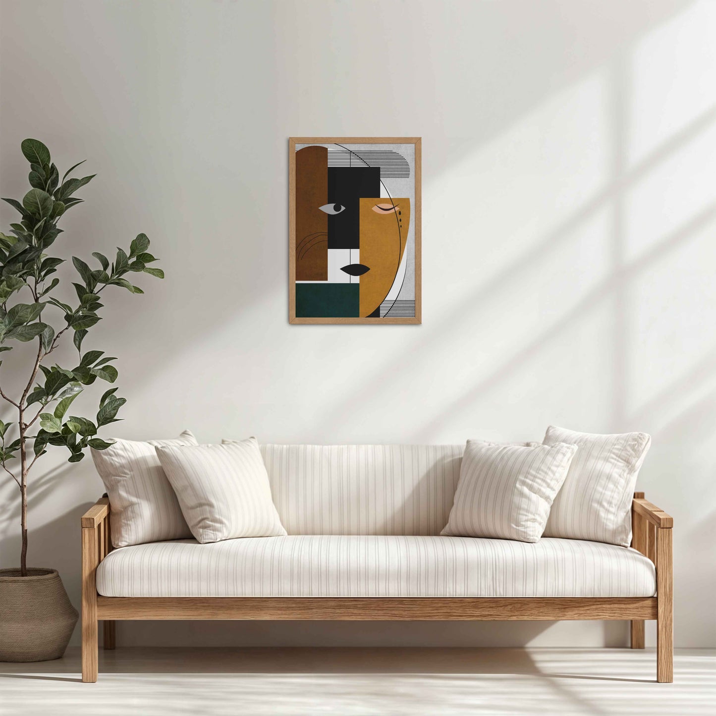 Living Room Cabinet Table Preview of GeoFace – Abstract Geometric Face Wall Art in Natrual Color Frame