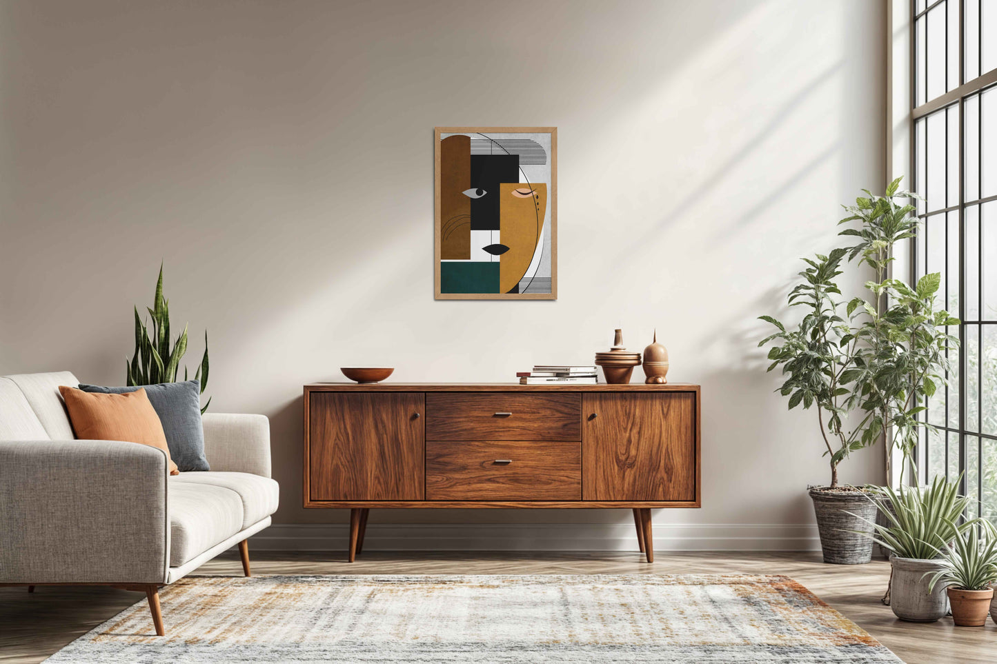Living Room Sofa Preview of GeoFace – Abstract Geometric Face Wall Art in Natrual Color Frame
