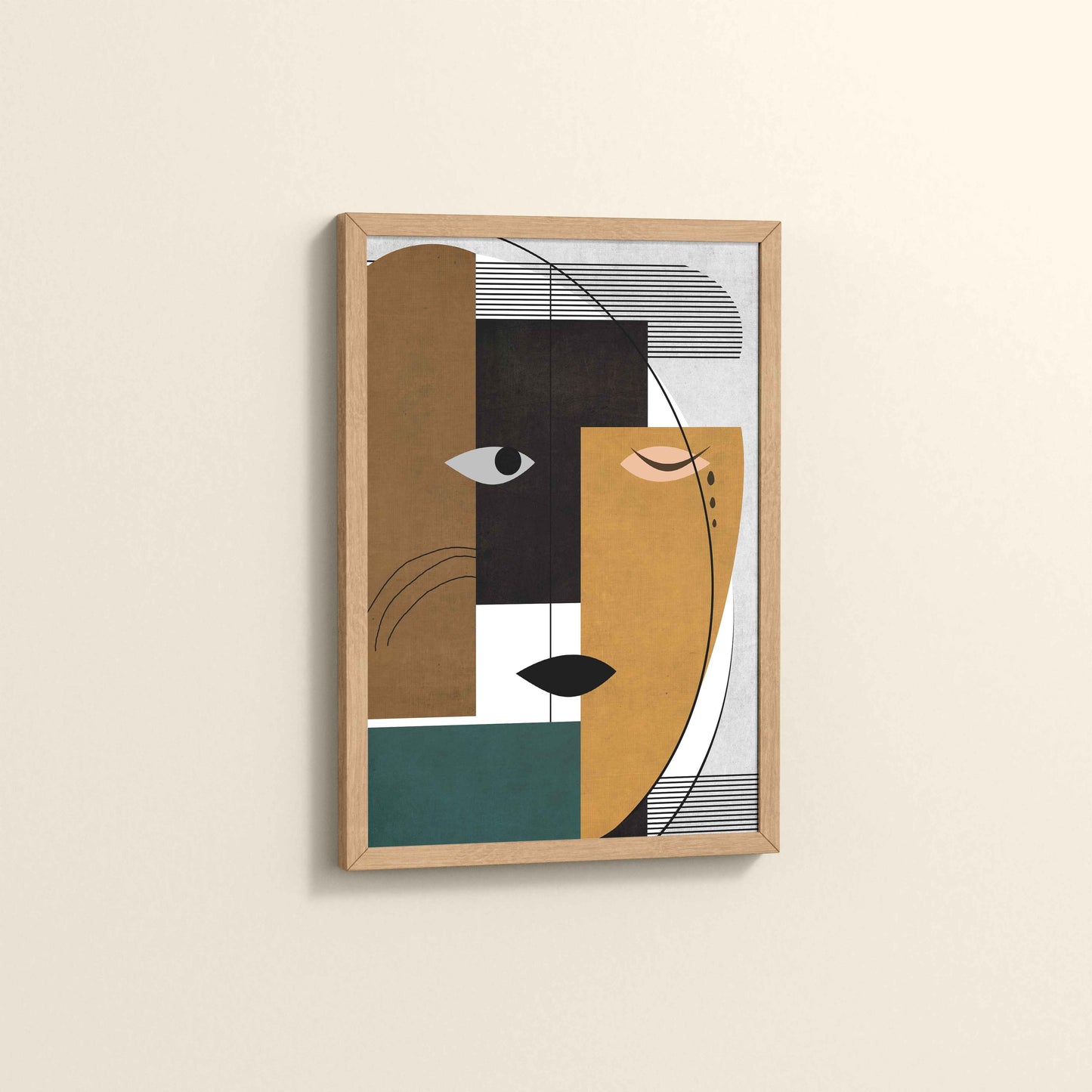 Side View of GeoFace – Abstract Geometric Face Wall Art in Natrual Color Frame