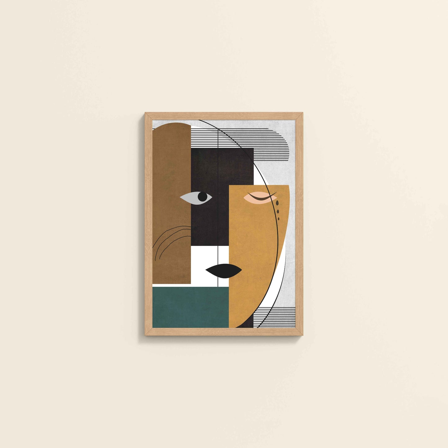 Wall View of GeoFace – Abstract Geometric Face Wall Art in Natrual Color Frame