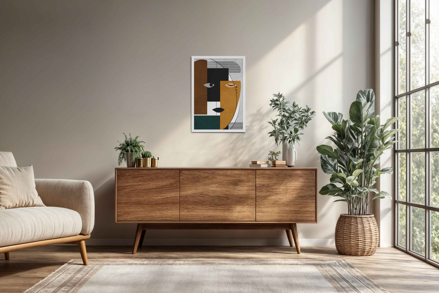 Living Room Cabinet Preview of GeoFace – Abstract Geometric Face Wall Art in White Color Frame