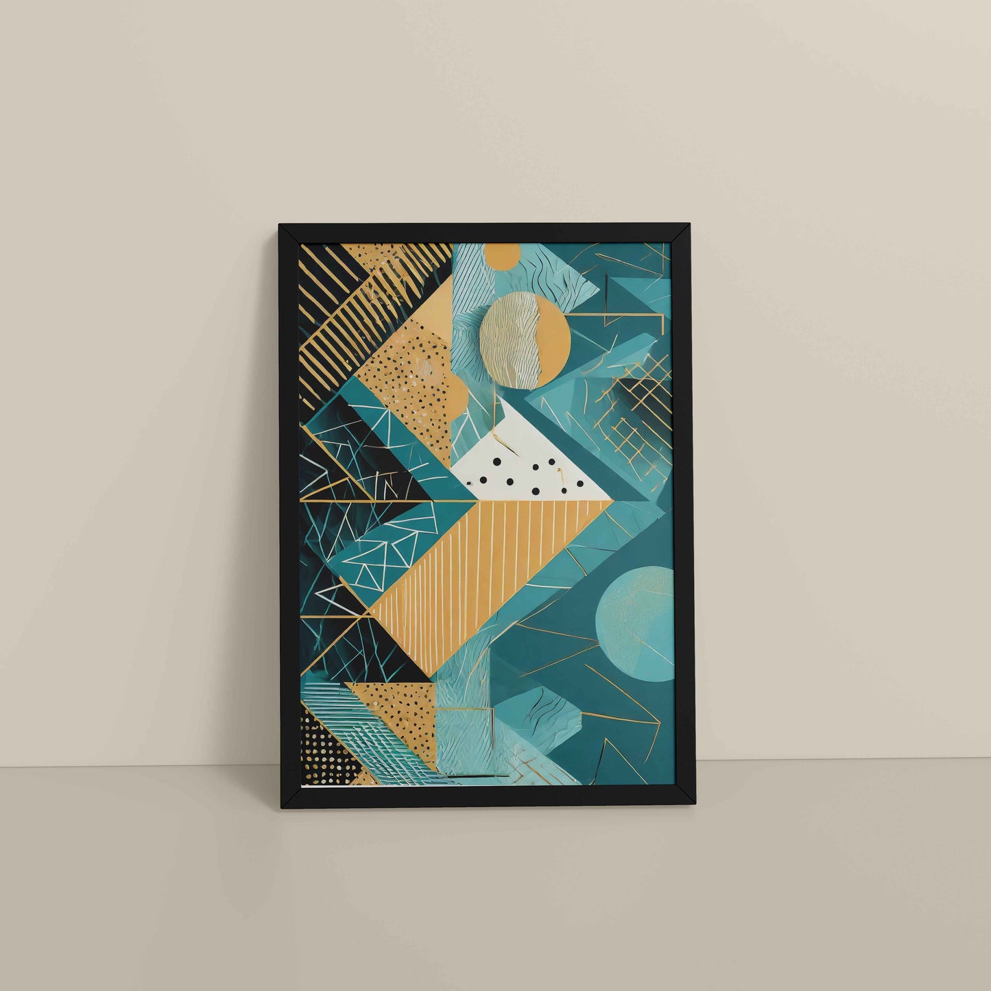 Floor View of Vibrant Geometry – Minimalist Shapes Wall Art in Black Color Frame