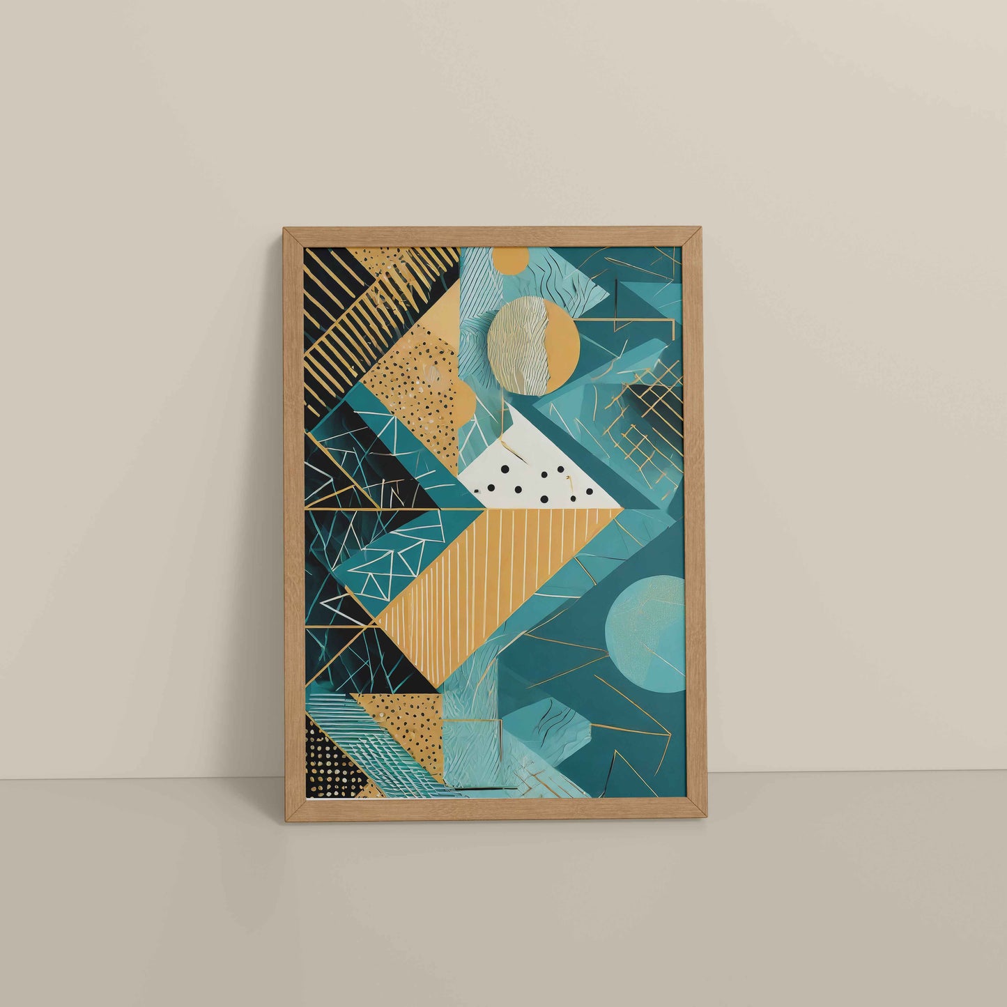 Floor View of Vibrant Geometry – Minimalist Shapes Wall Art in Natrual Color Frame