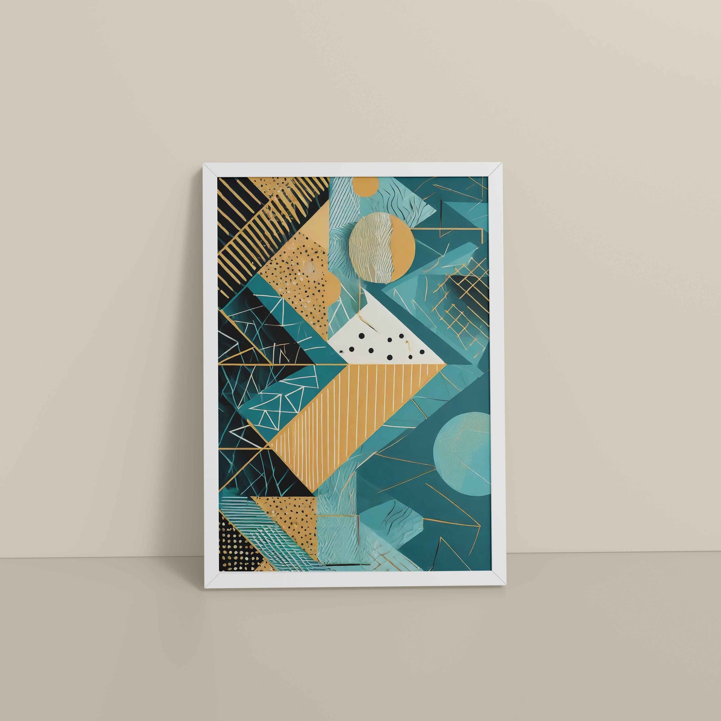 Floor View of Vibrant Geometry – Minimalist Shapes Wall Art in White Color Frame