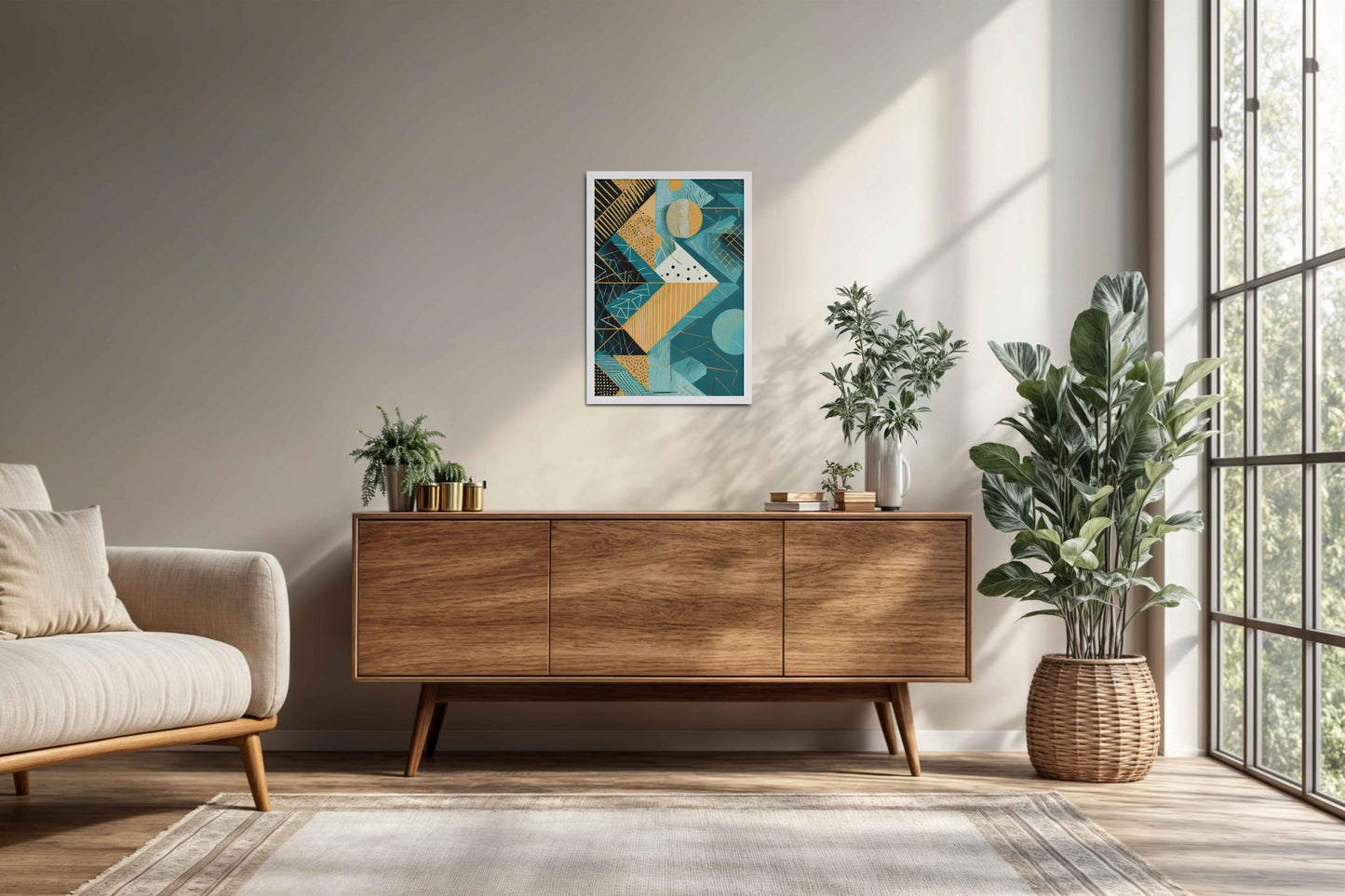 Living Room Cabinet Preview of Vibrant Geometry – Minimalist Shapes Wall Art in White Color Frame