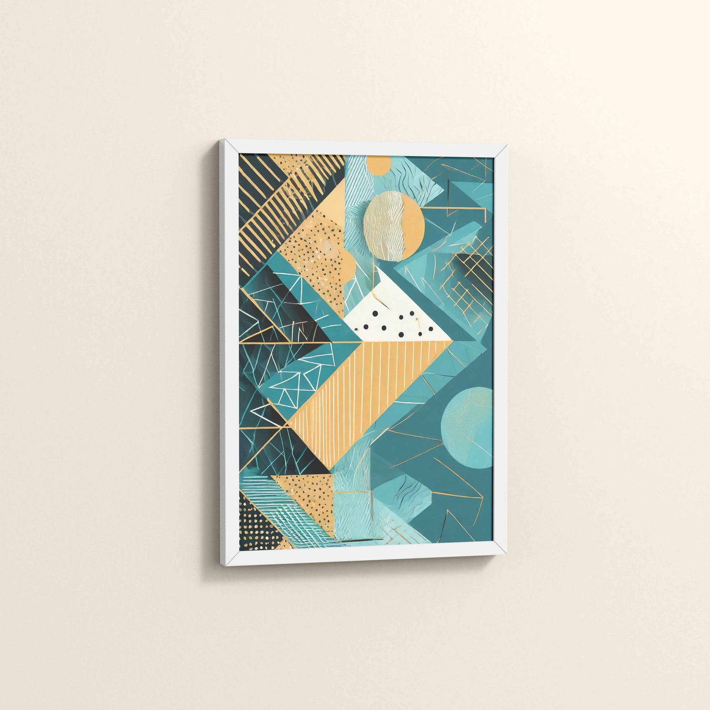 Side View of Vibrant Geometry – Minimalist Shapes Wall Art in White Color Frame